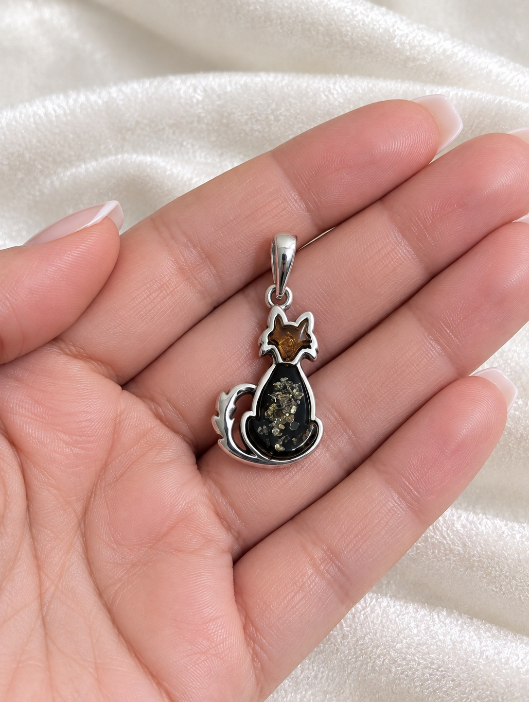 Handmade Fox with Dark Honey Cognac Cabochon & Sterling Silver Pendant