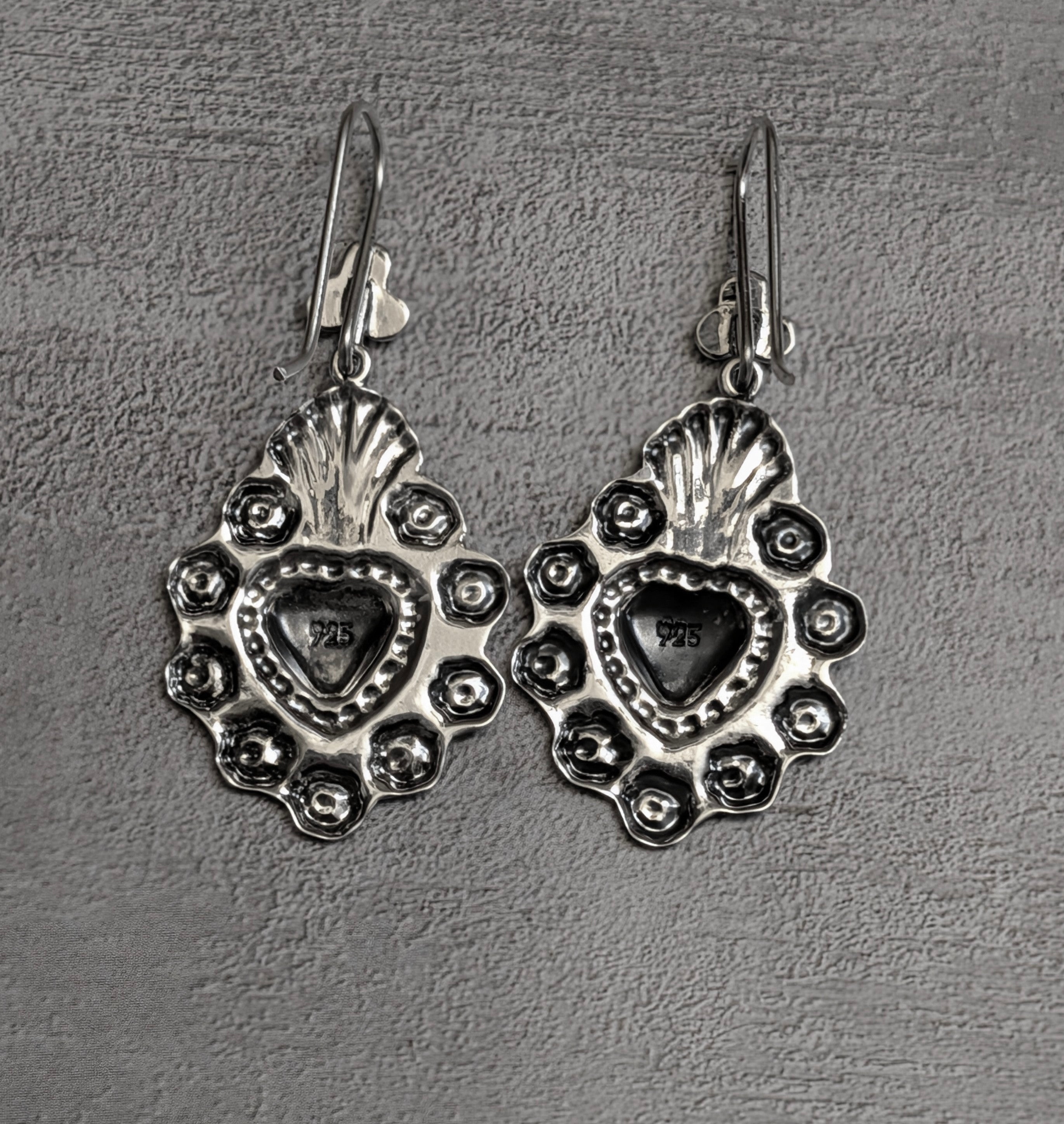 Sterling Silver Sacred Heart & Flower Hook Earrings