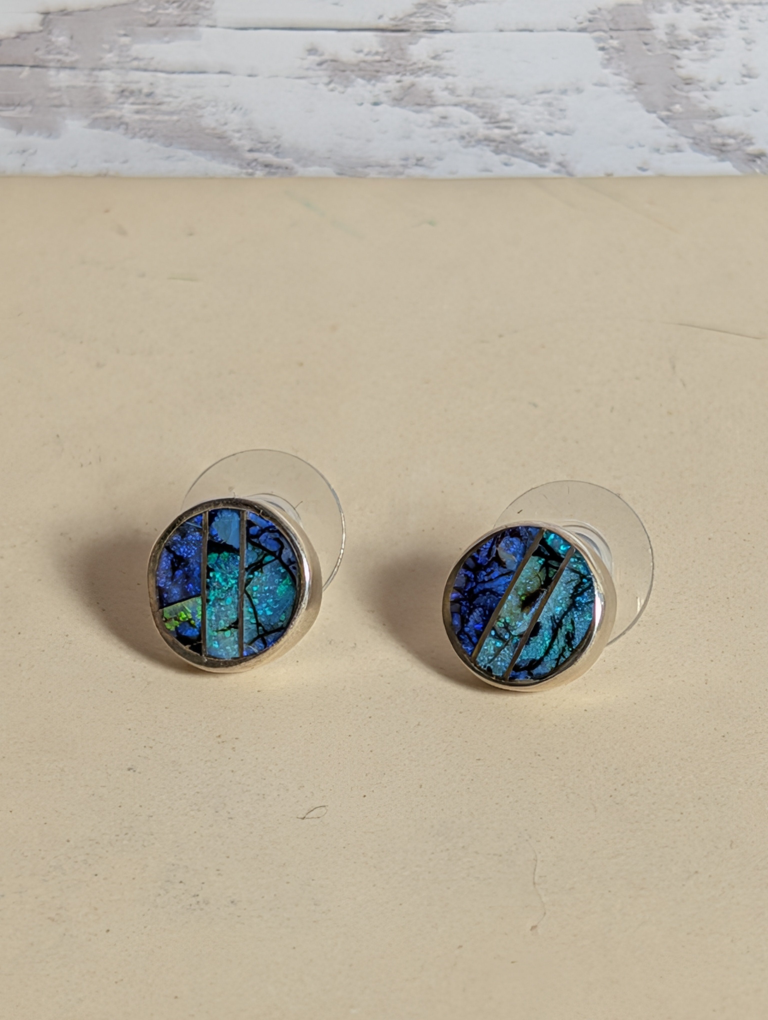 Mosaic Blue Opal Inlay Sterling Silver Stud Earrings