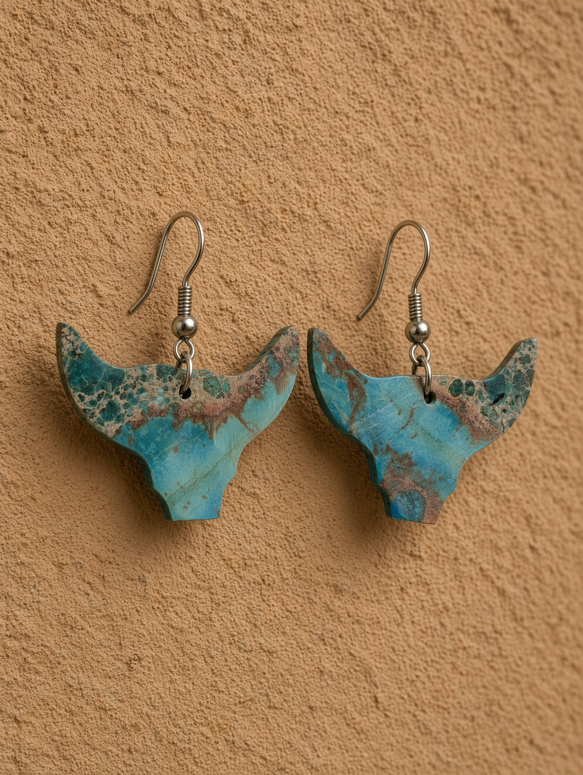 Handcrafted Indigo Turquoise Bull Head Slab Sterling Silver Earrings