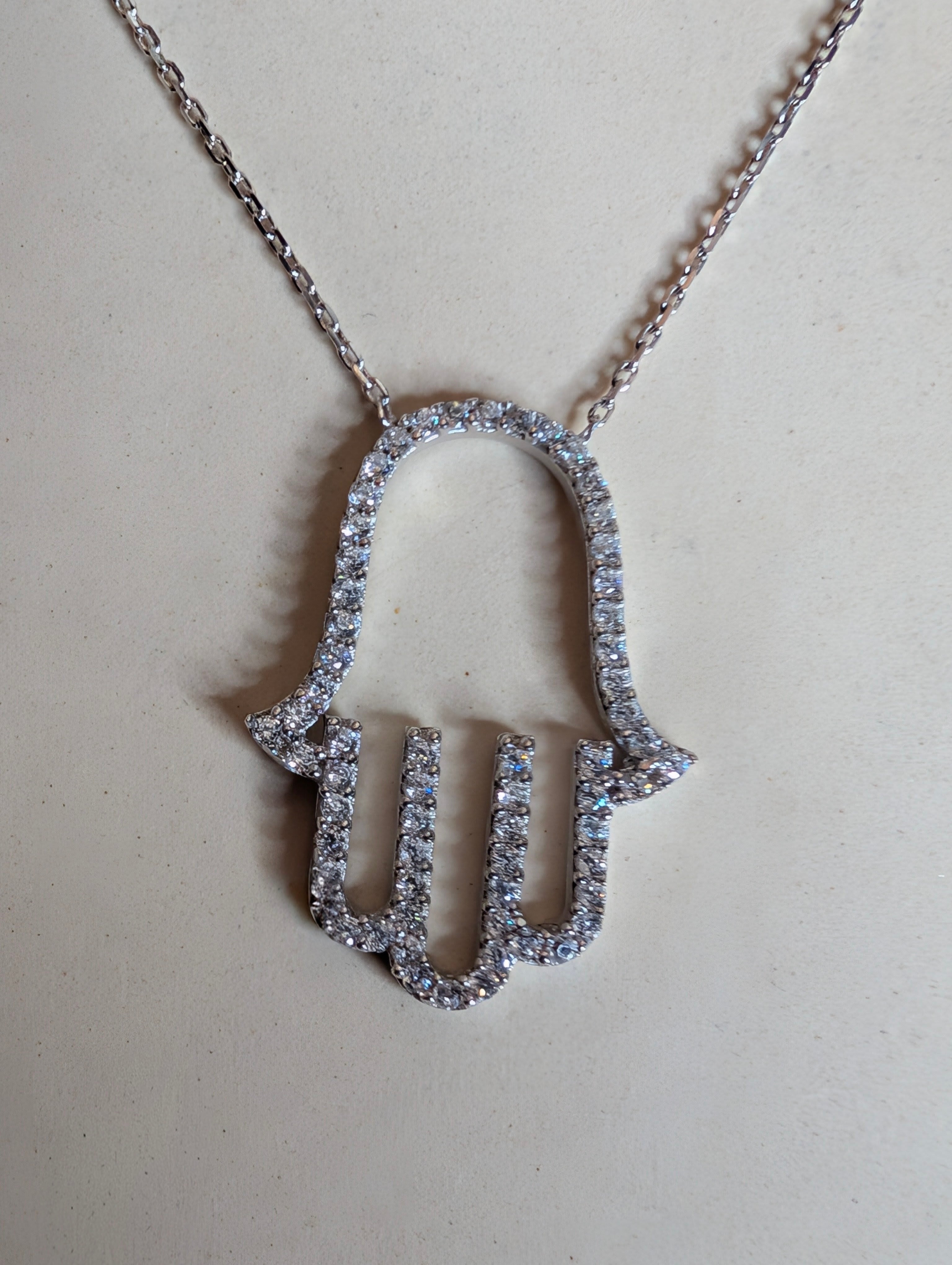 Sterling Silver CZ Pavé Outlined Hamsa Hand Of Protection Necklace