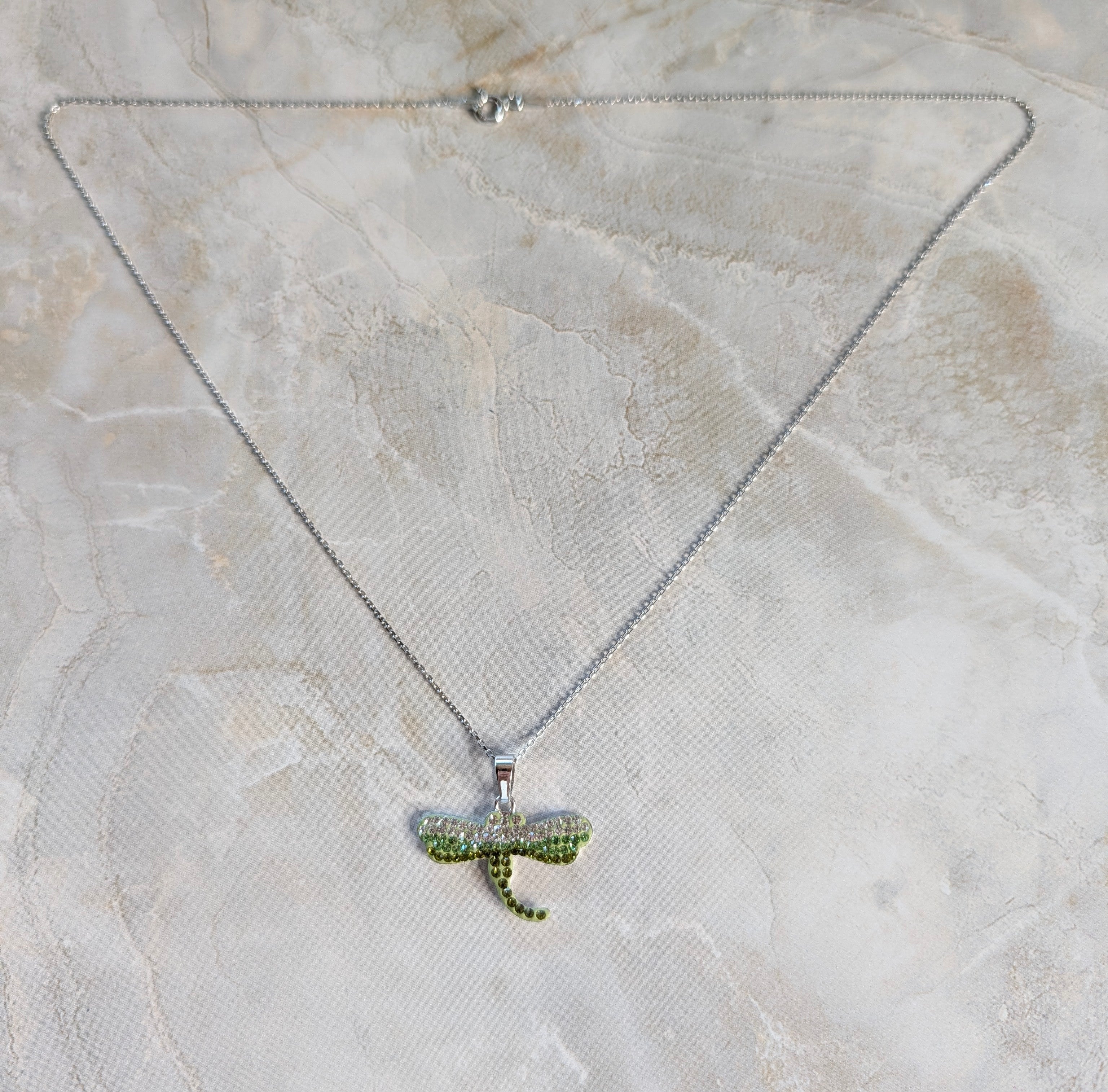 Sterling Silver CZ Studded Green DragonFly Pendant Necklace