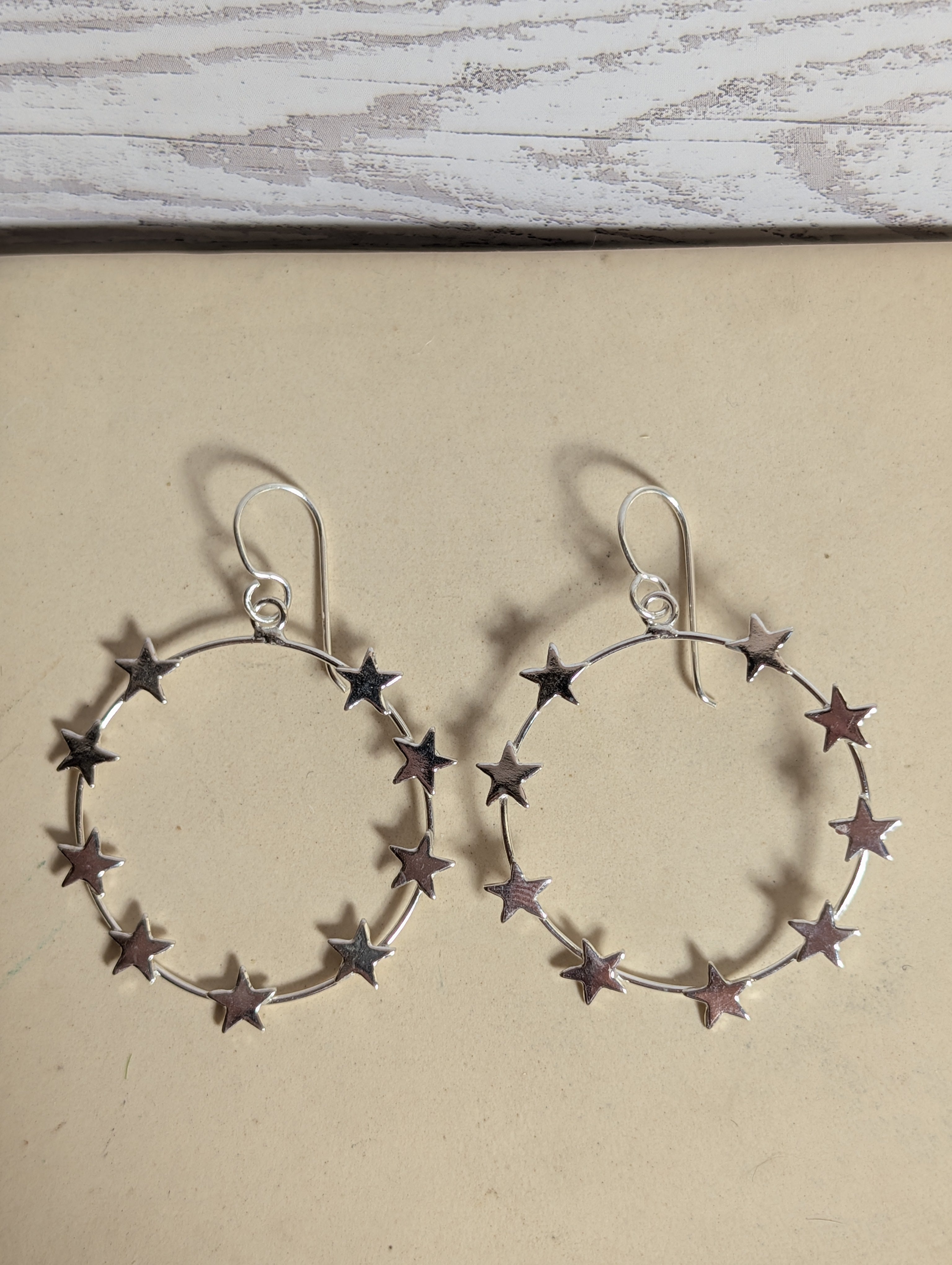 Sterling Silver Round Circles With Stars Dangle Hoop Earrings
