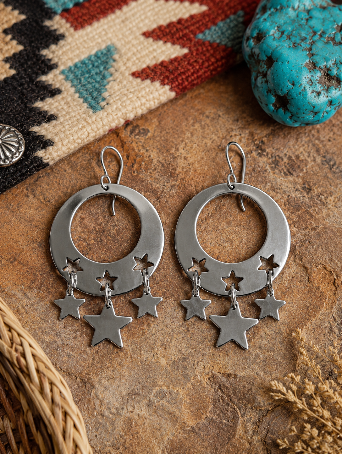 Handcrafted Sterling Silver Rounded Stars Dangle Earrings