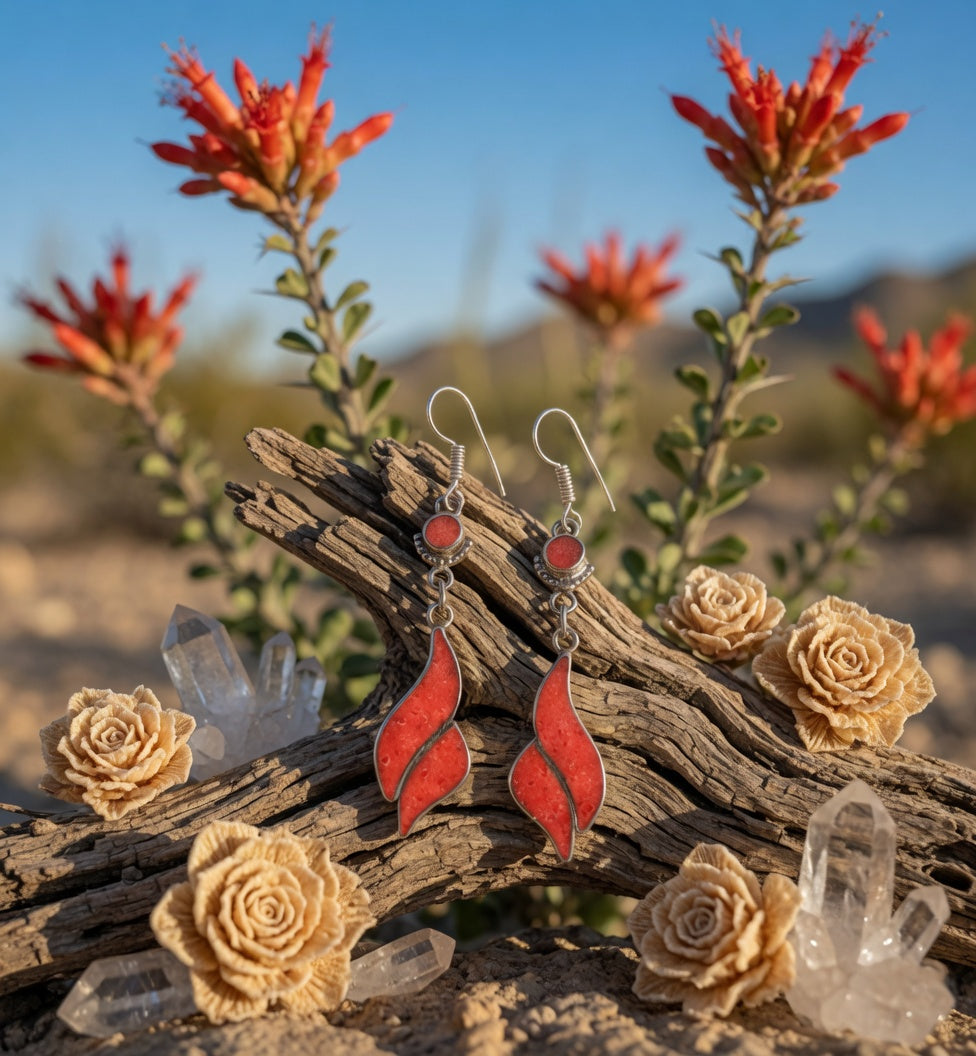 Coral & Silver Dangle Earrings