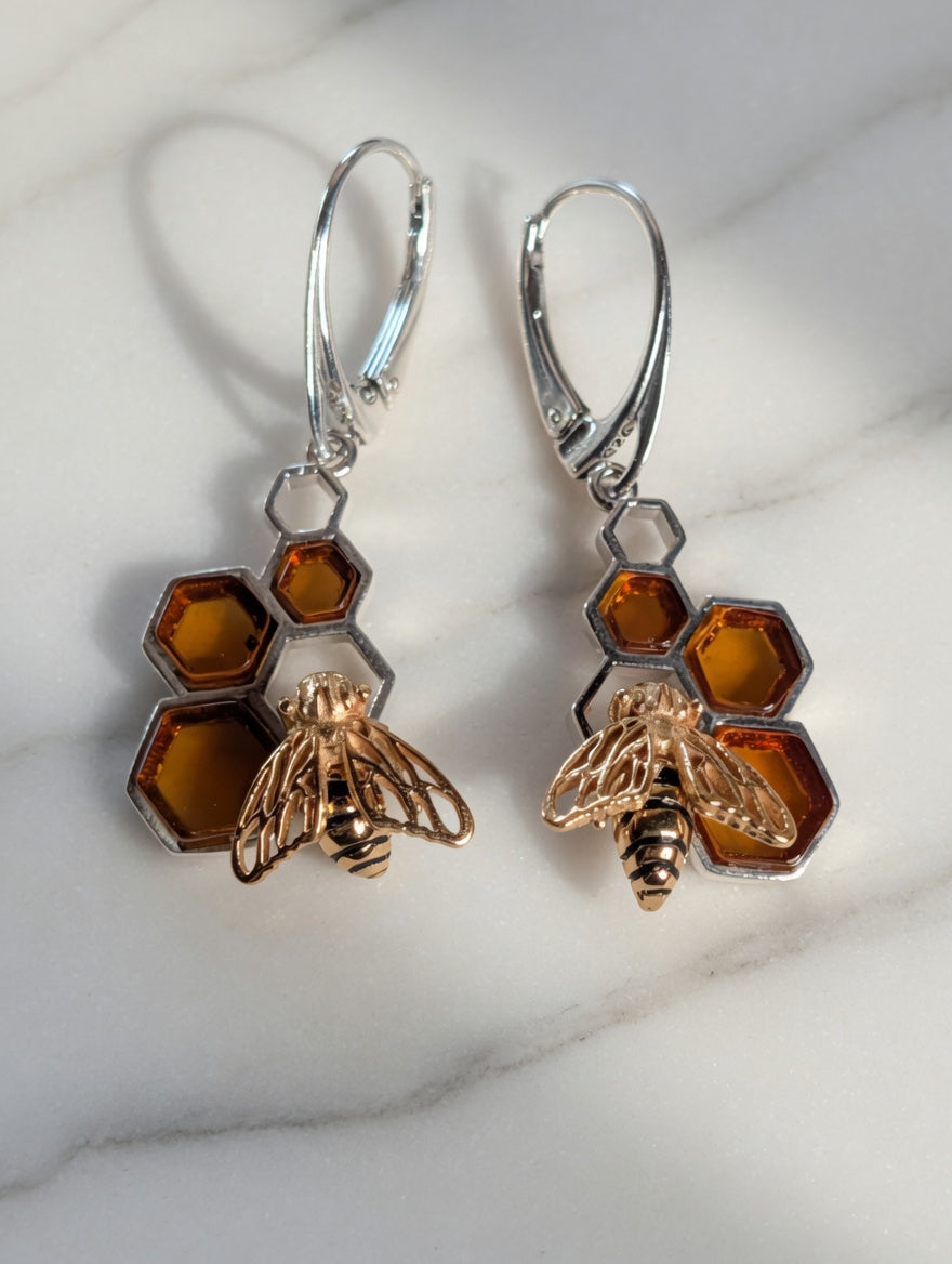 Amber Handmade Sterling Silver With Golden Bumblebee On Honeycomb Leverback Earrings