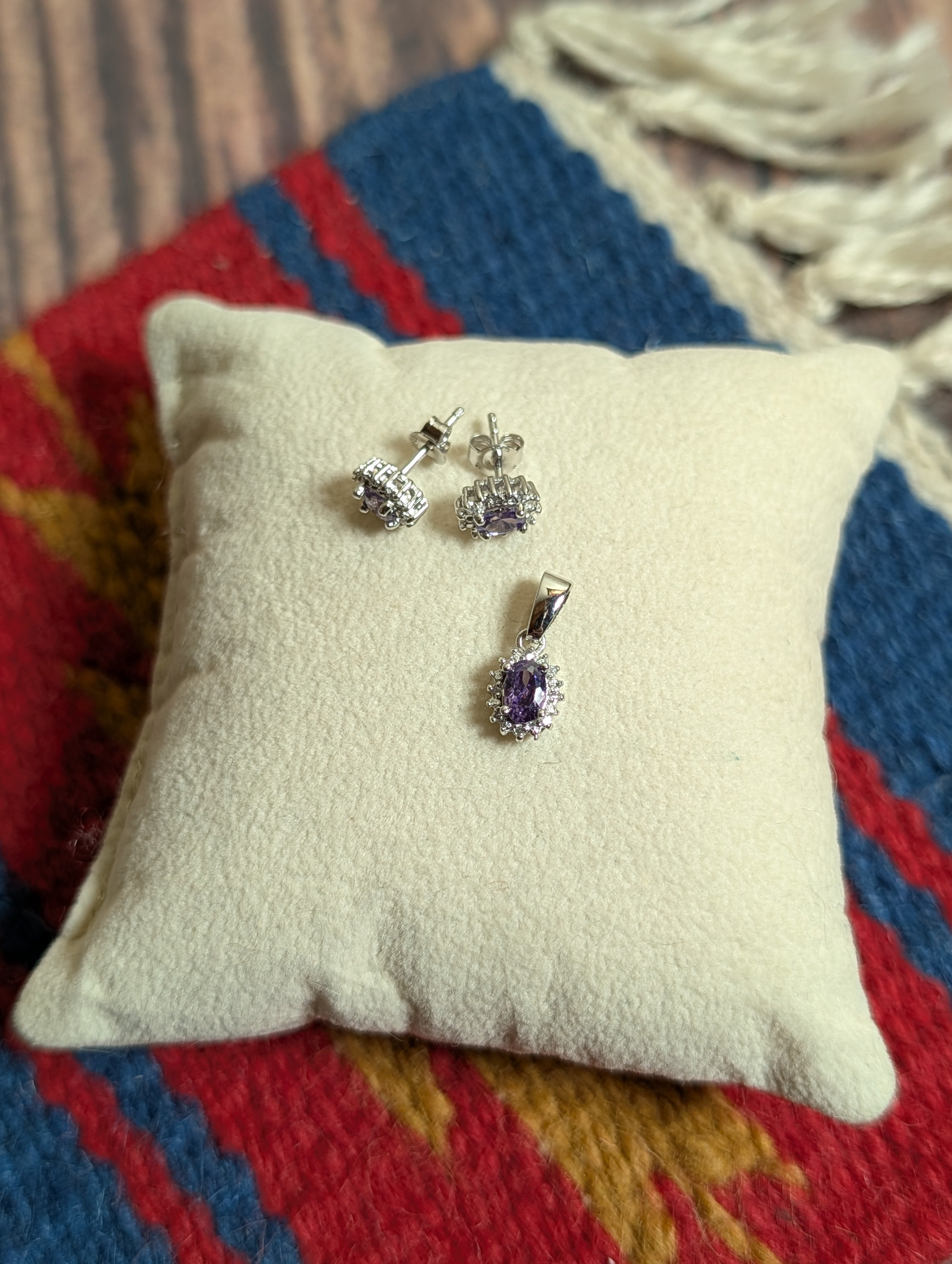 Amethyst Gemstone CZ Sterling Silver Pendant & Earrings Jewelry Set