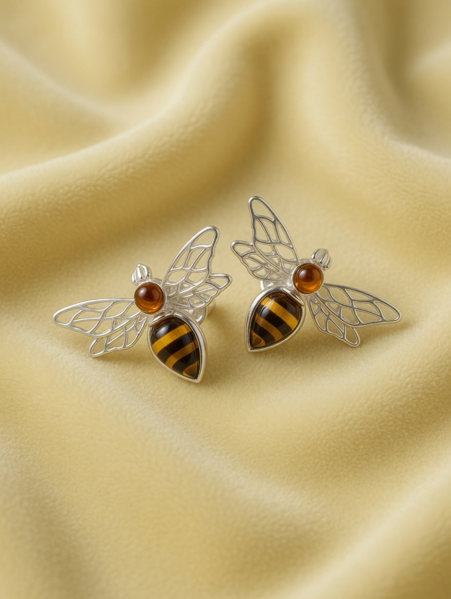 Amber Handmade Sterling Silver Bee Earrings