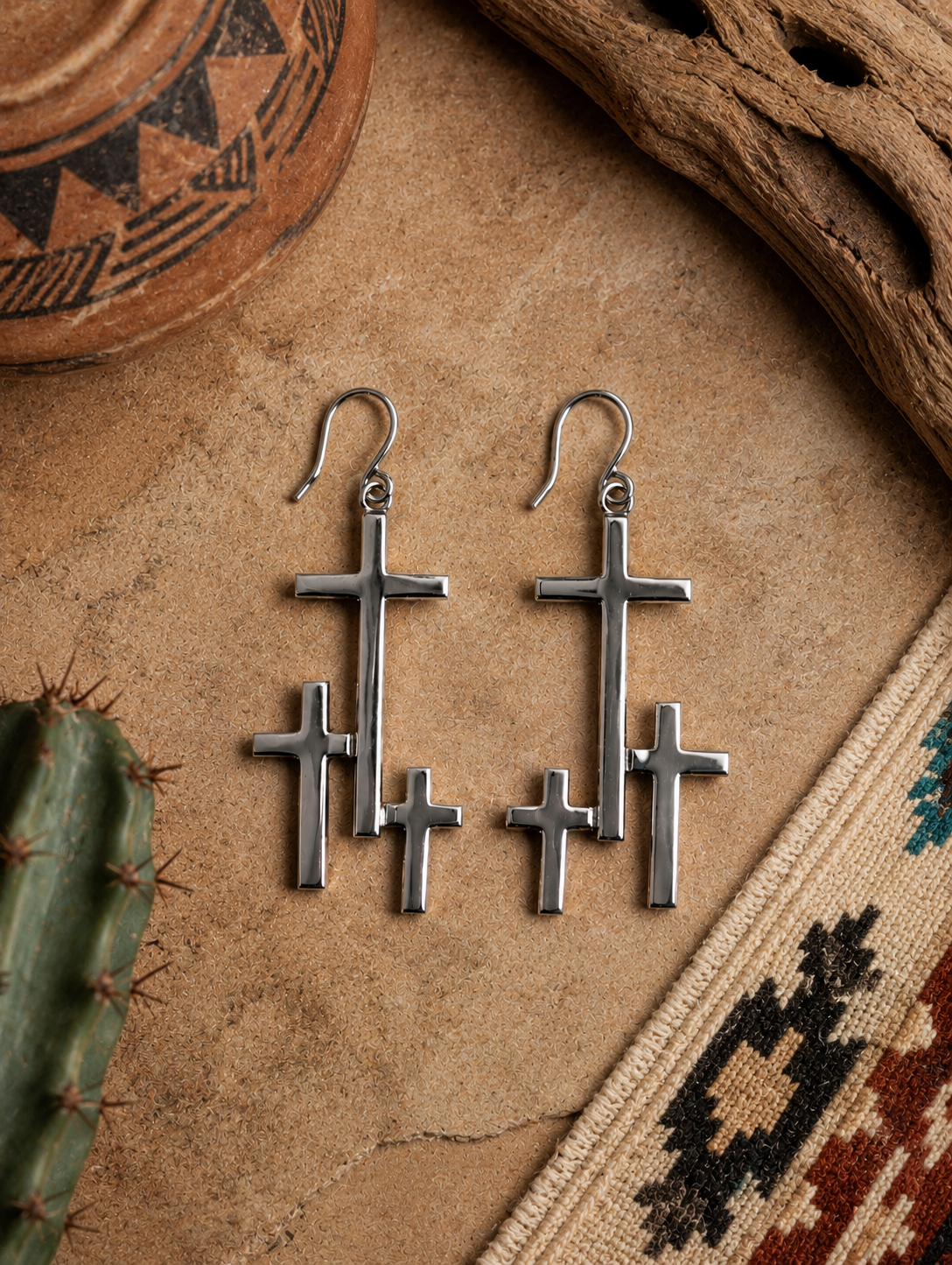 Handcrafted Sterling Silver Three Unified Cross Shaped Earrings