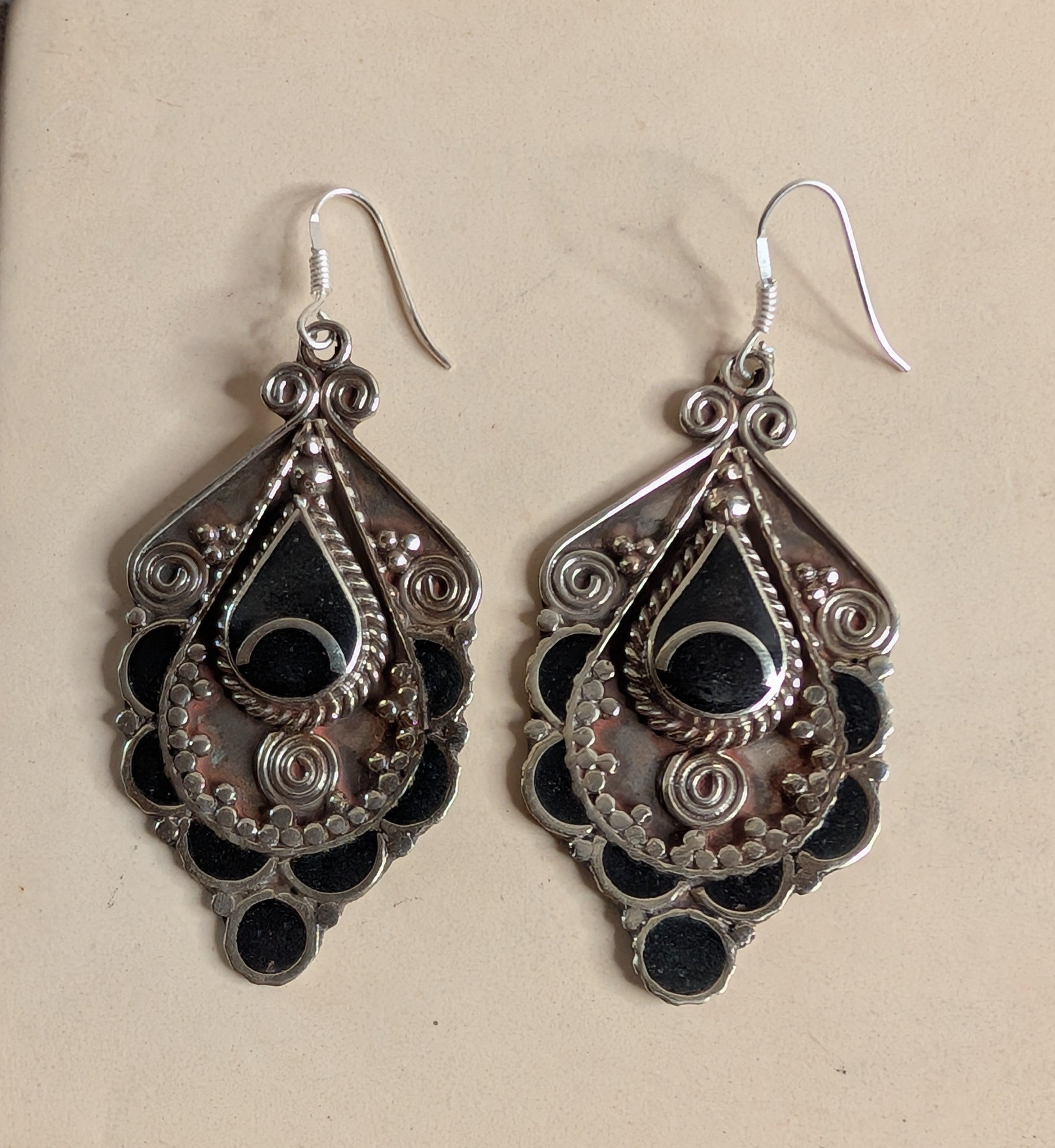 Vintage Black Onyx Teardrop Filigree Statement Earrings