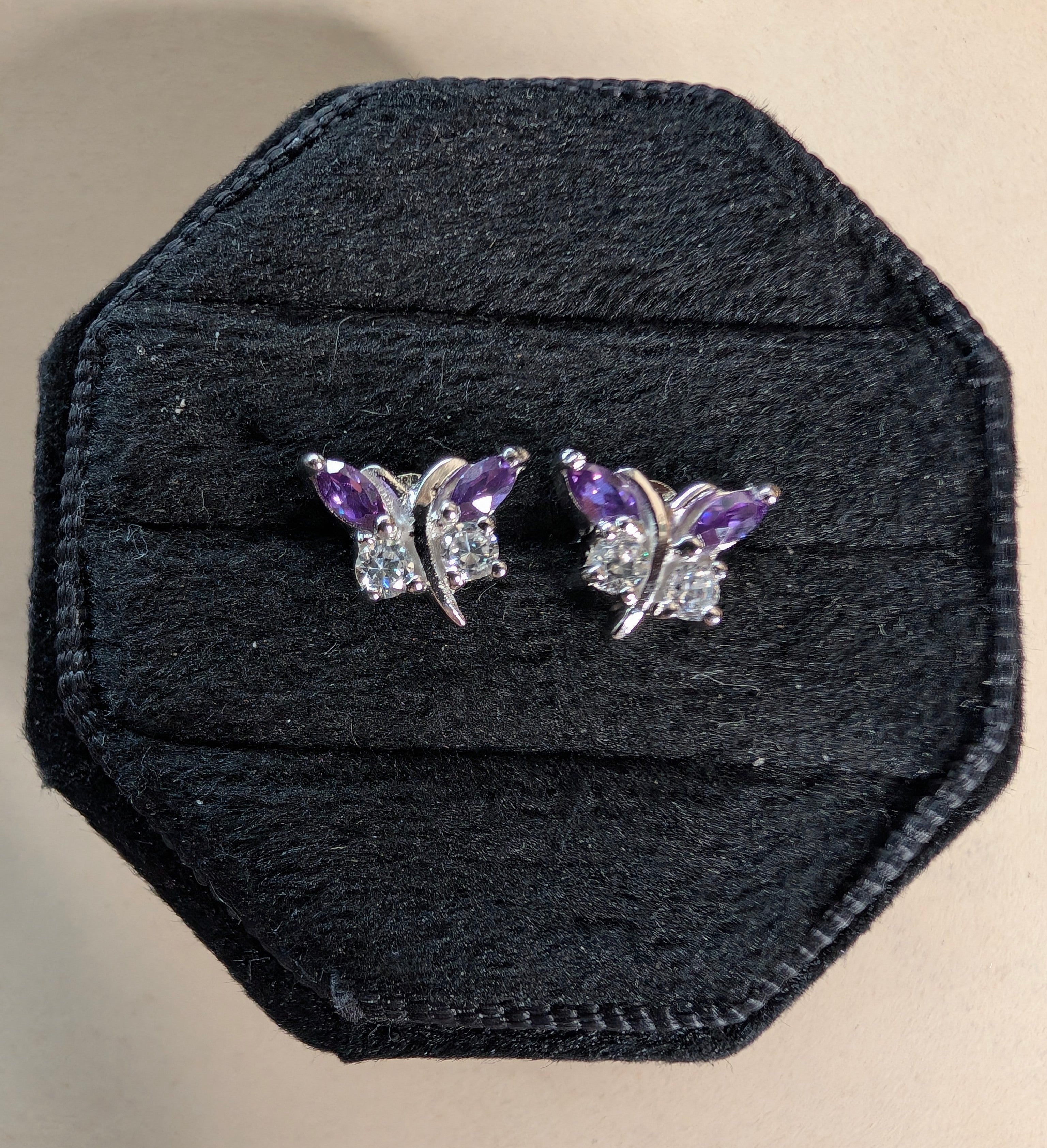 Sterling Silver CZ Purple Gemstone Butterfly Earrings & Pendant Jewelry Set