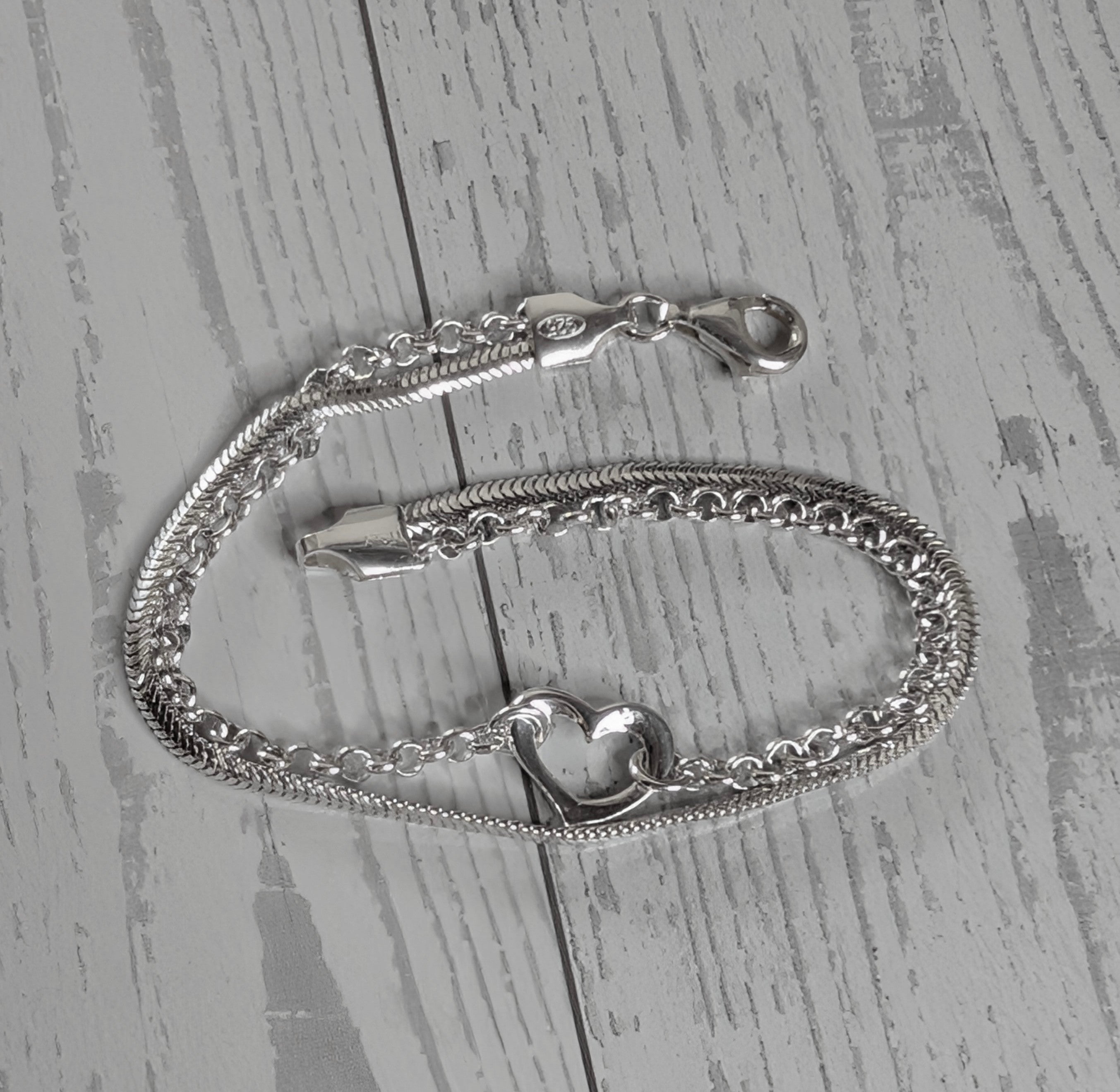 Sterling Silver Double Heart Chain Bracelet 7"