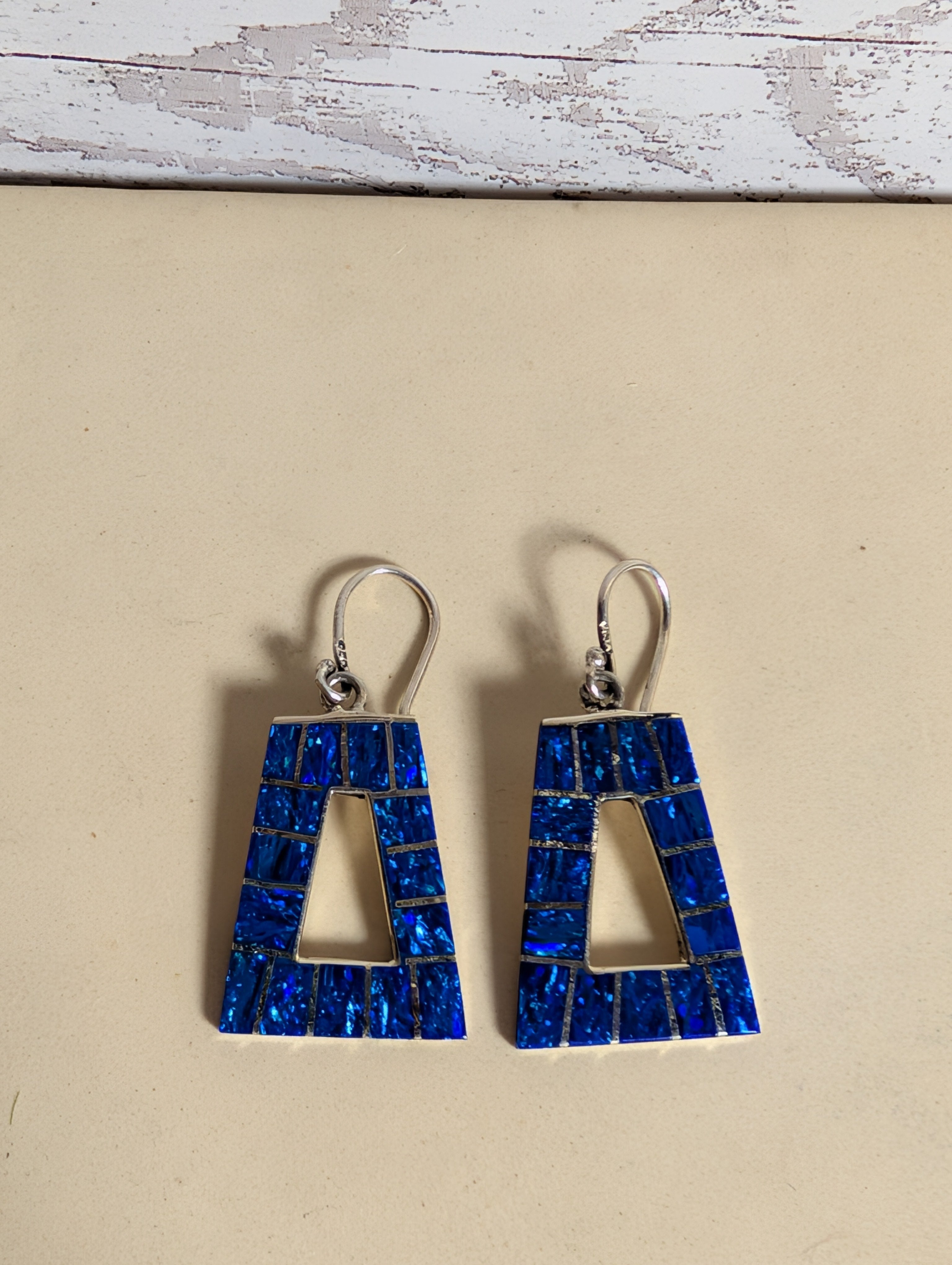 Mosaic Blue Fire Opal Inlay Trapezoid Shaped Geometric Sterling Silver Dangle Earrings