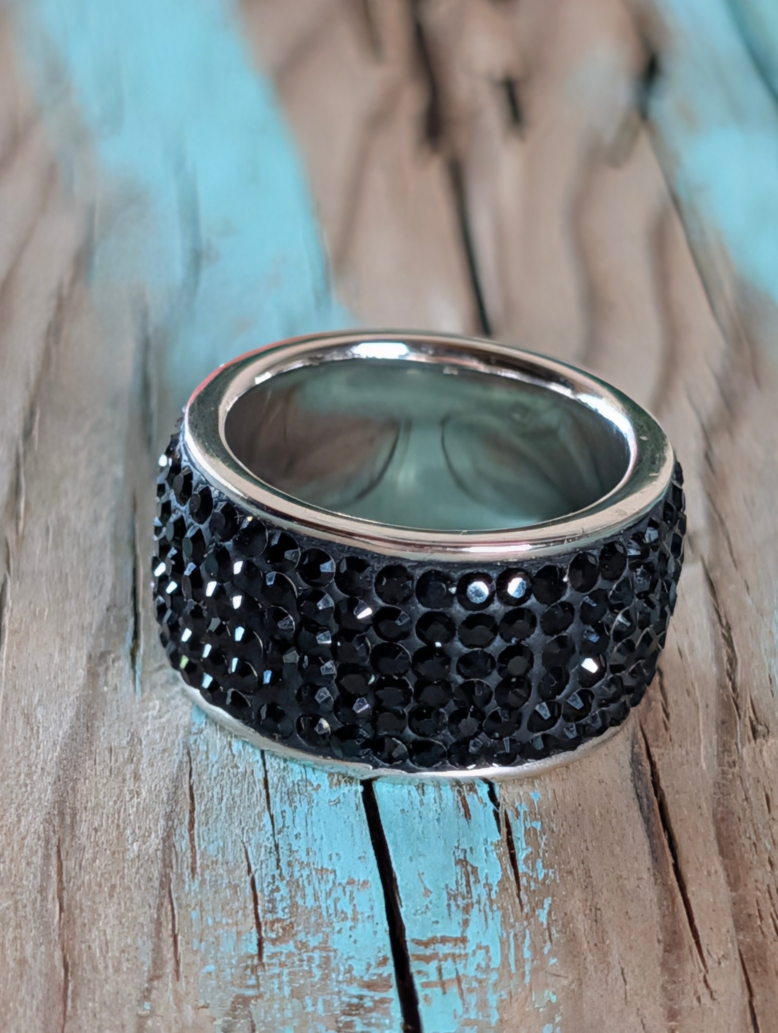 Sterling Silver Paved Black Stone Wide Band Ring Size 6