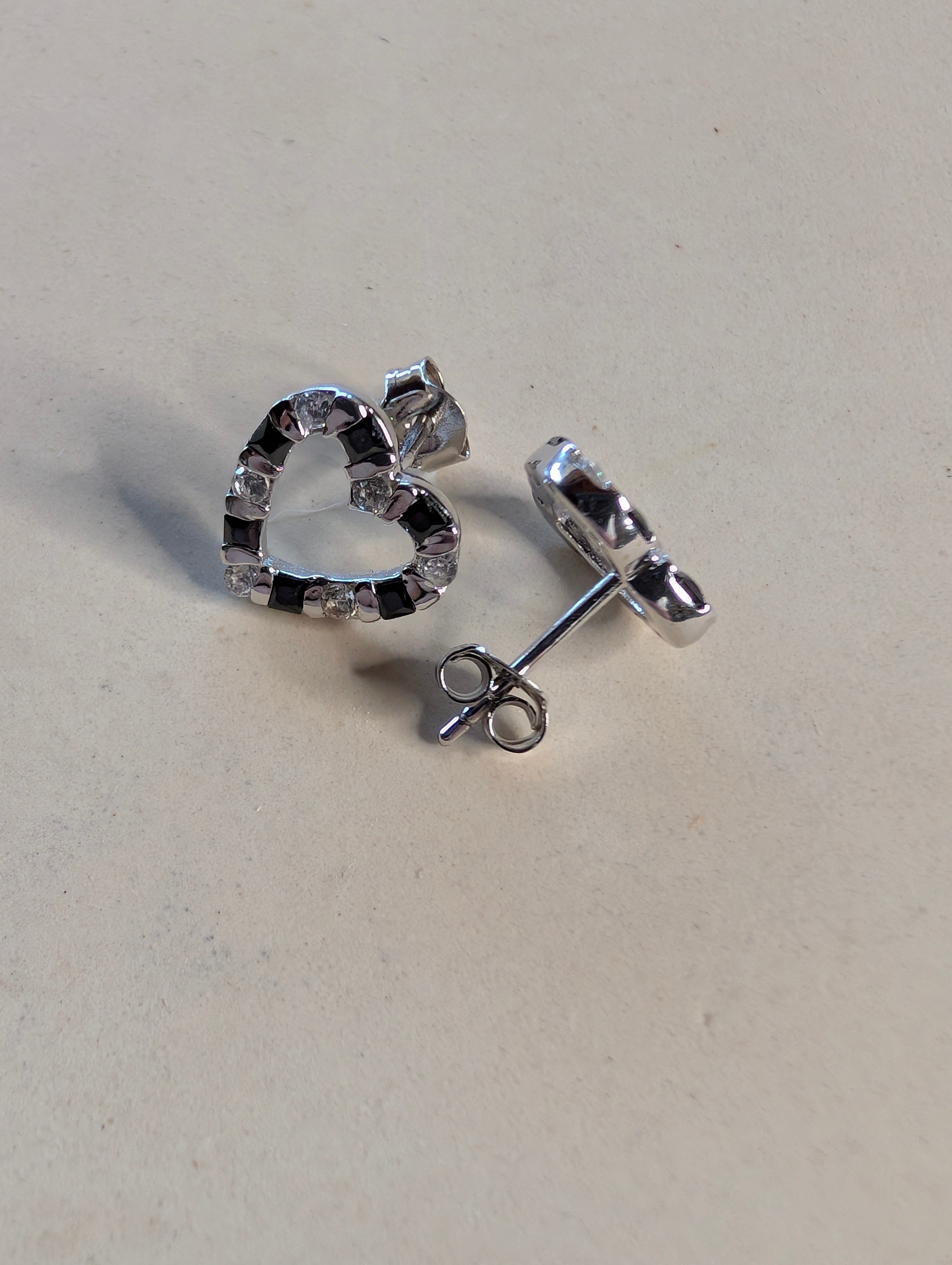 Sterling Silver Black CZ Striped Heart Earrings & Pendant Jewelry Set