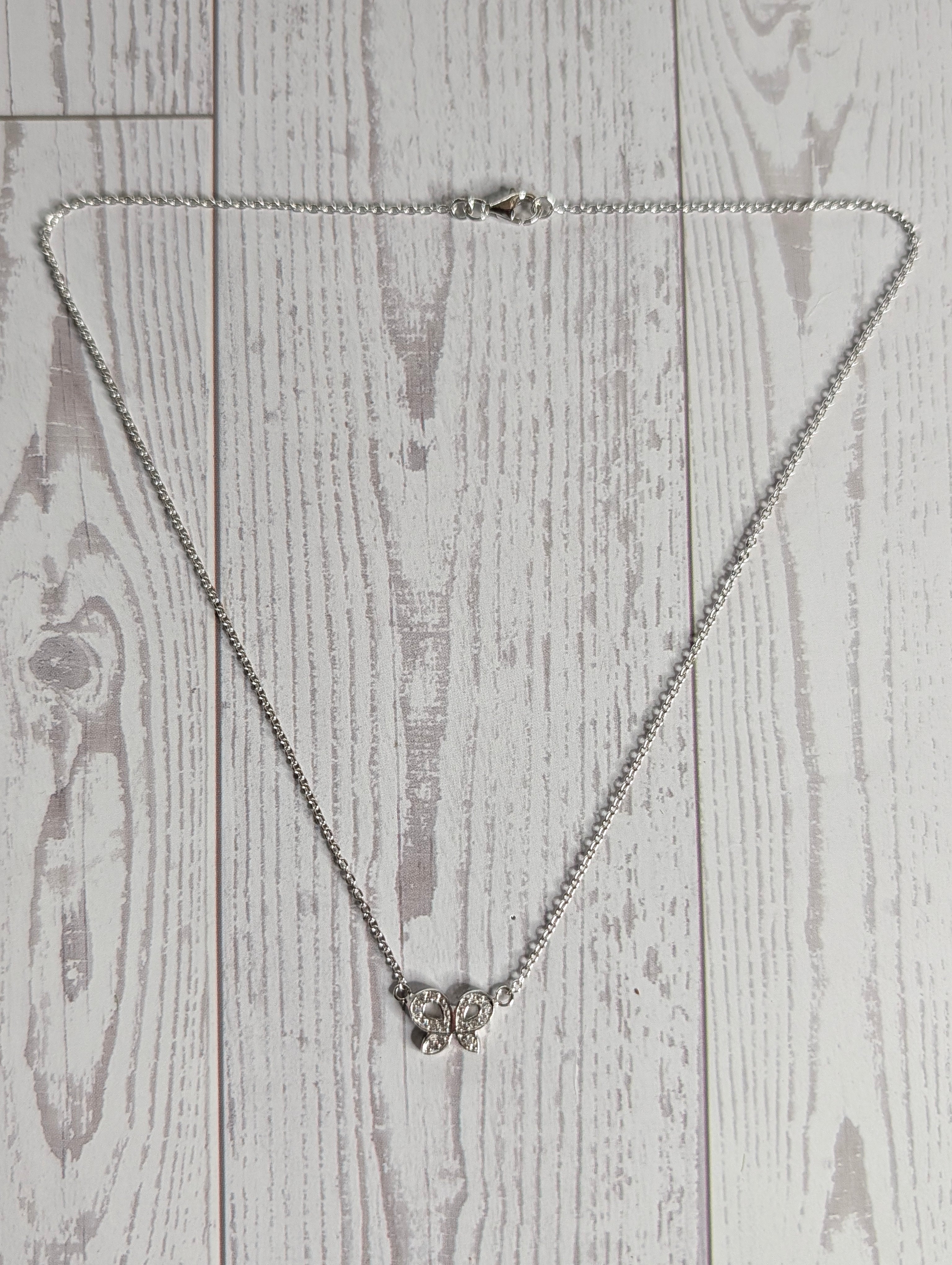 Sterling Silver CZ Butterfly Bow Ribbon Necklace
