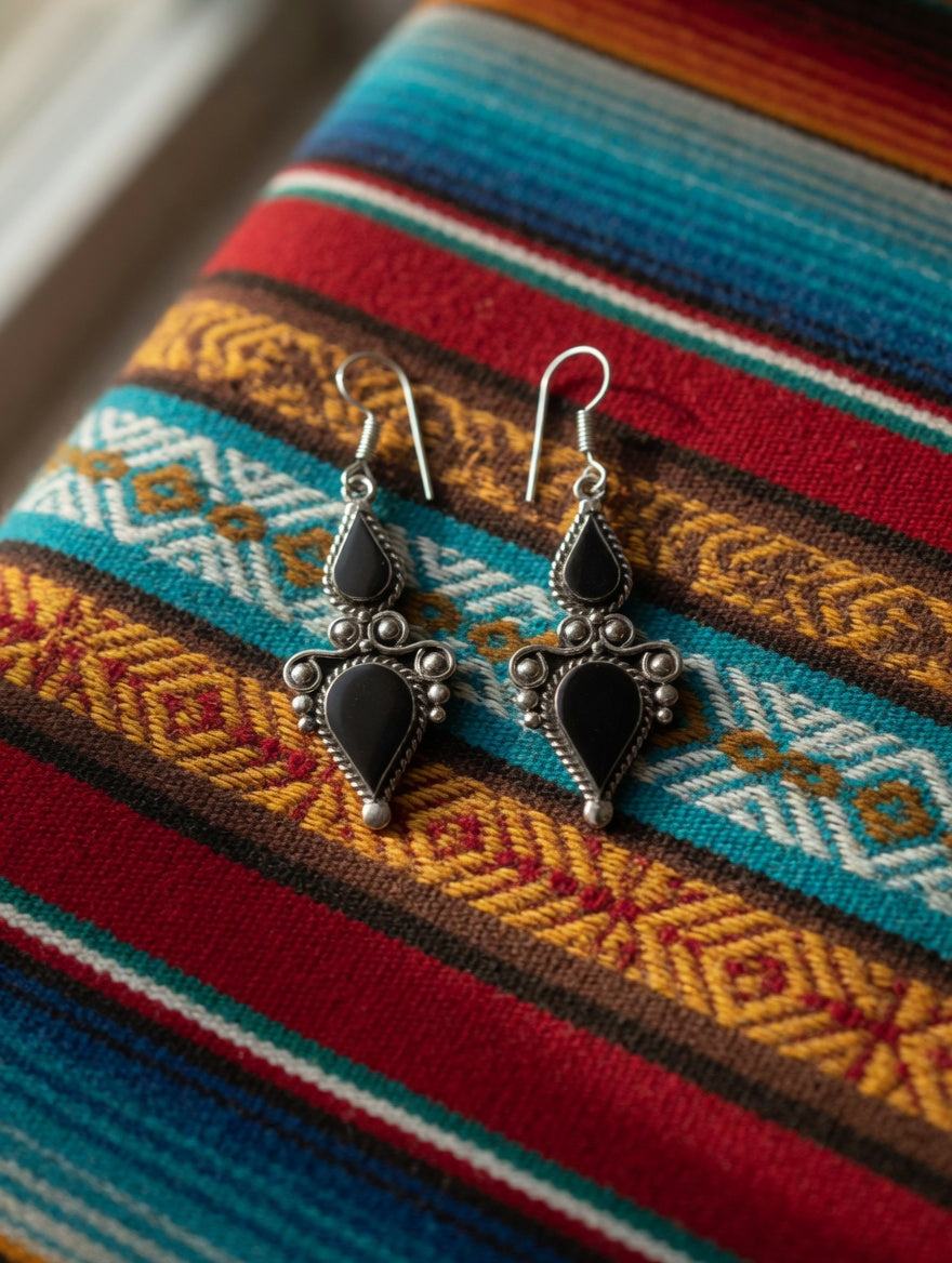 Ornate Southwestern Black Onyx Teardrop Filigree Dangle Earrings