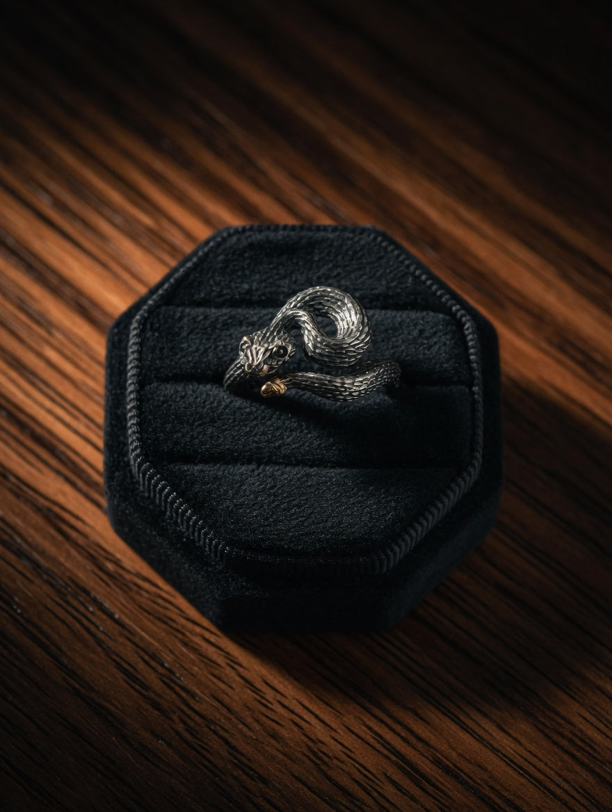 Oxidized Sterling Silver 18k Gold Rattlesnake Ring