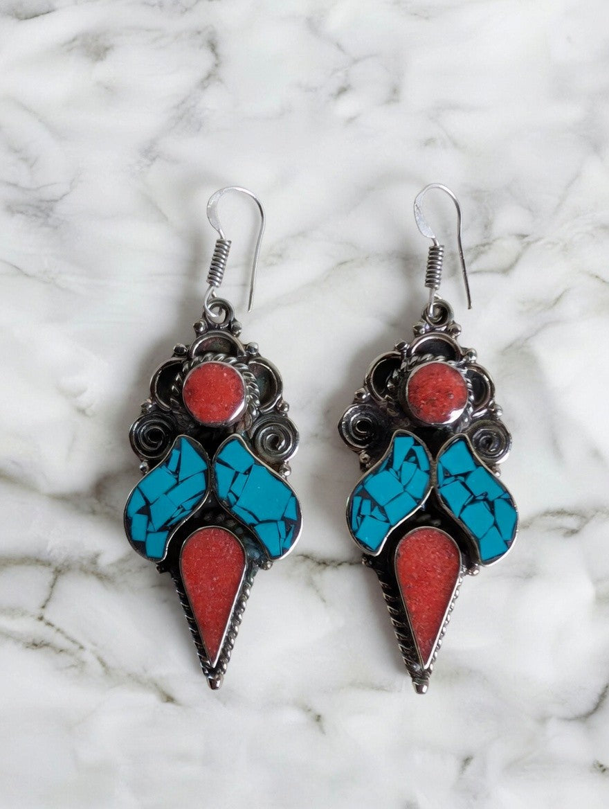 Southwest Sunset Mosaic Turquoise & Coral Drop Earrings