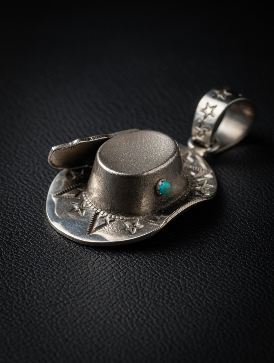 Midnight Desert Cowboy Hat Sterling Silver Pendant with Turquoise Accent