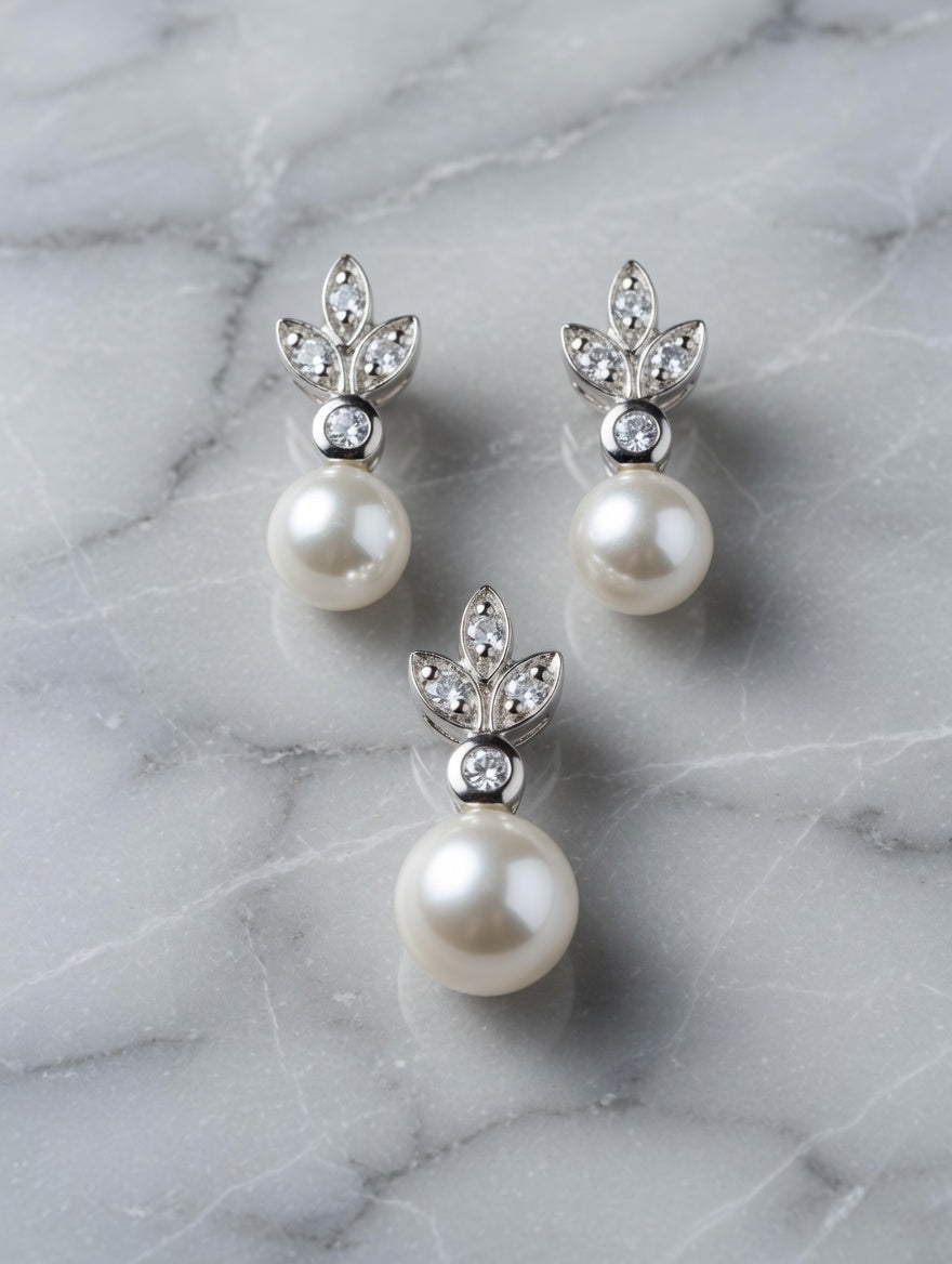 Elegant Sterling Silver Pearl Drop Earrings & Pendant Jewelry Set