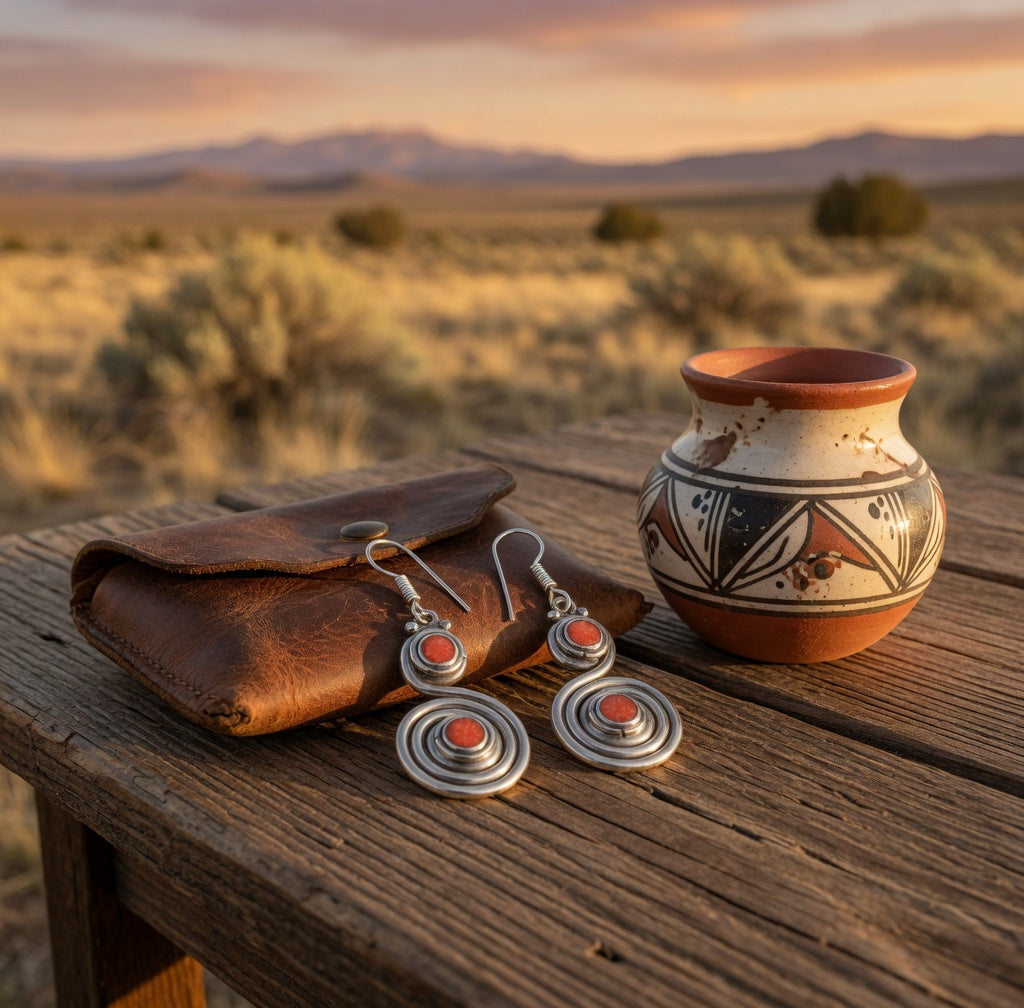Coral & Silver Spiral Dangle Earrings
