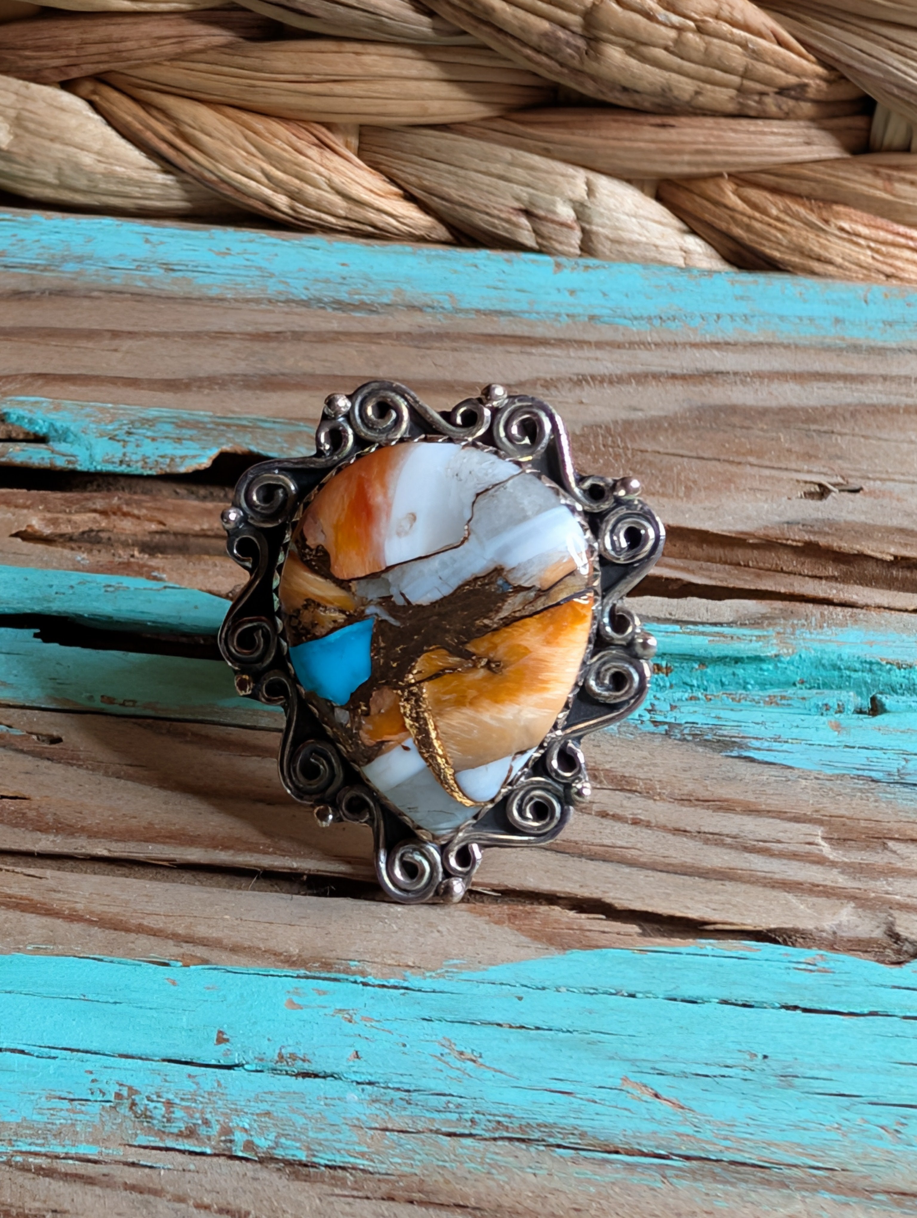 Orange Spiny Turquoise TearDrop Shaped Sterling Silver Adjustable Ring