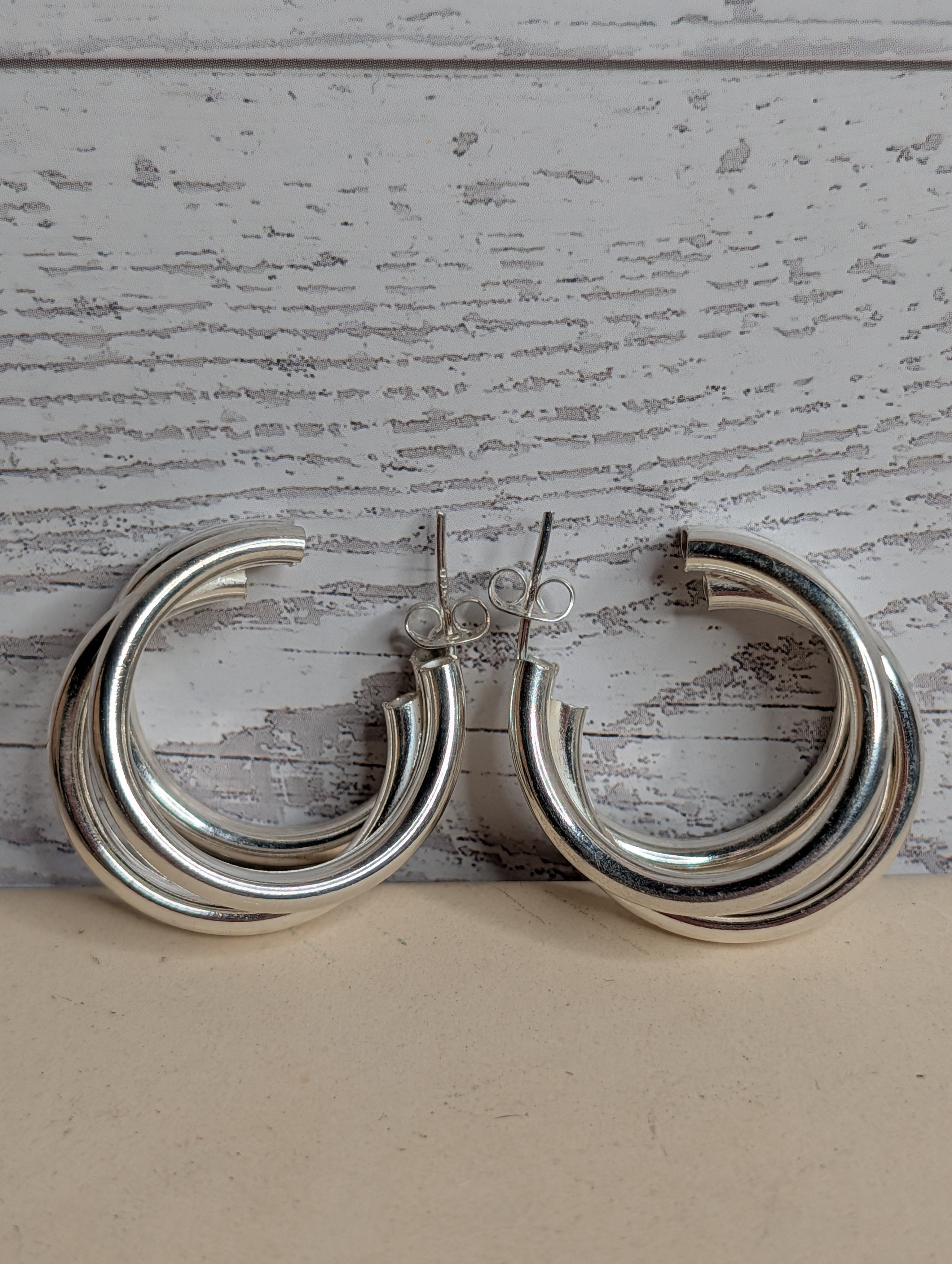 Sterling Silver Ribbed Tube Multi-Band Hoop Earrings