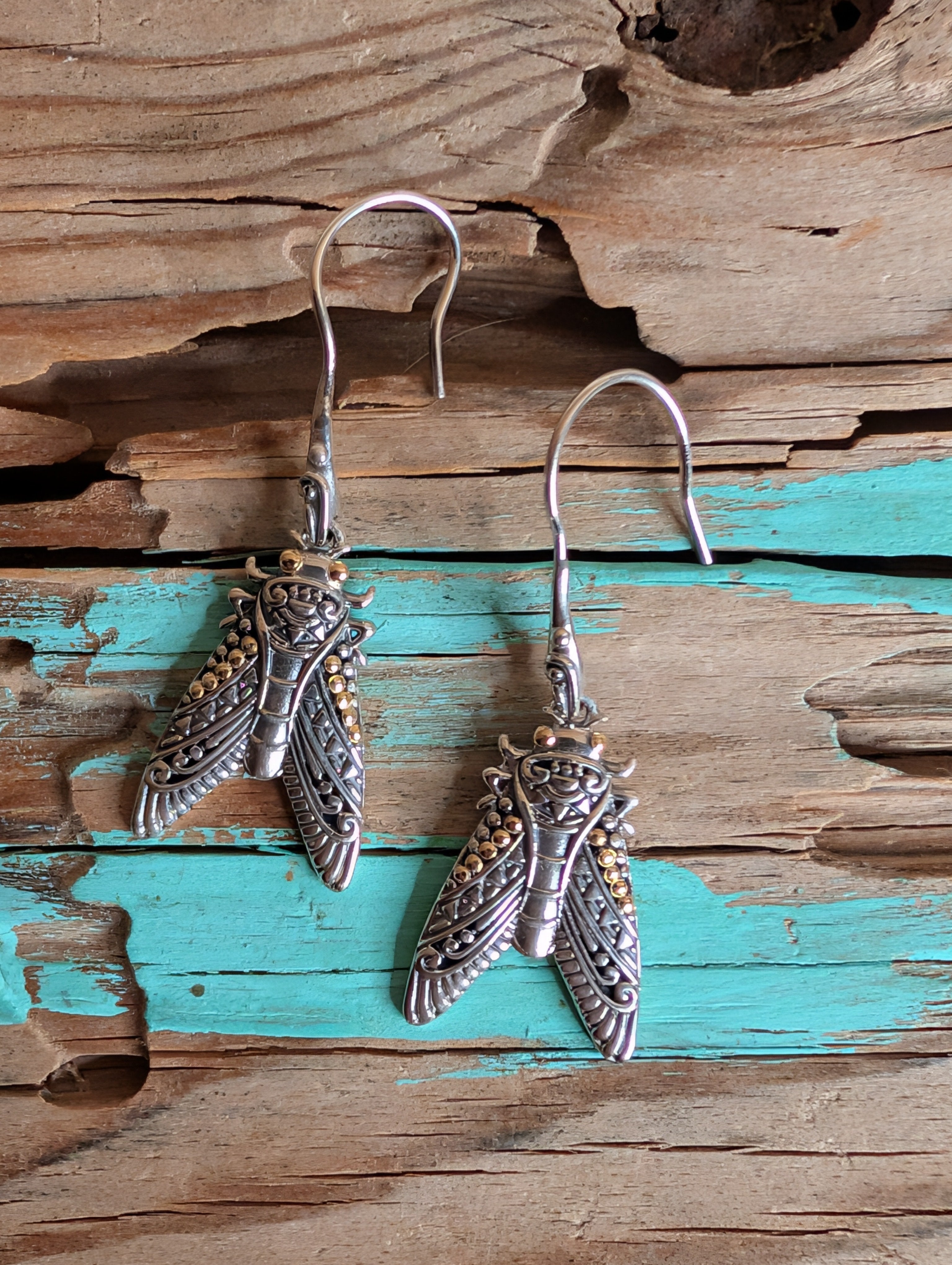 Sterling Silver Cicada Earrings With 18k Gold Accents