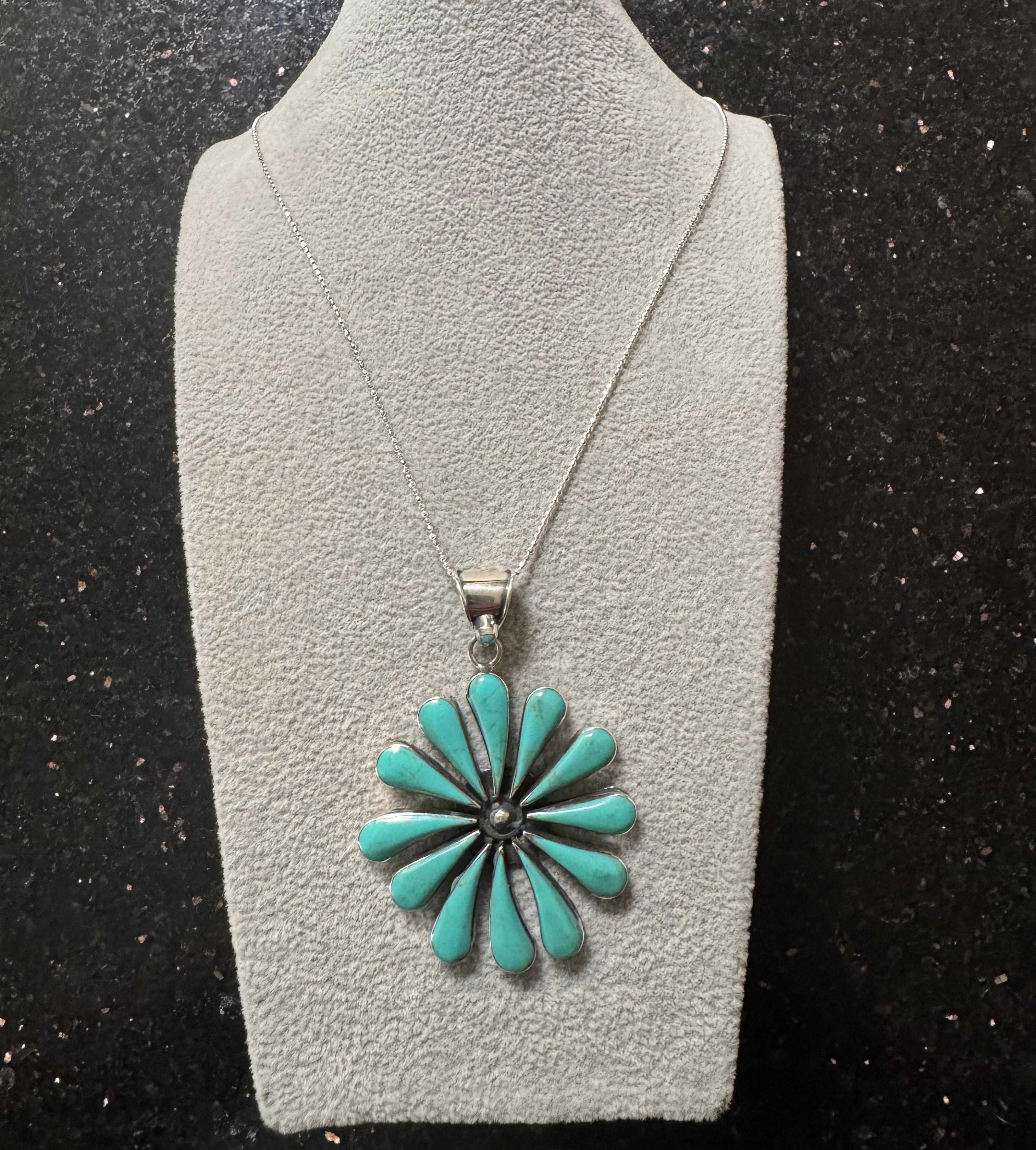 Turquoise Daisy Flower Pendant & Sterling Silver Necklace