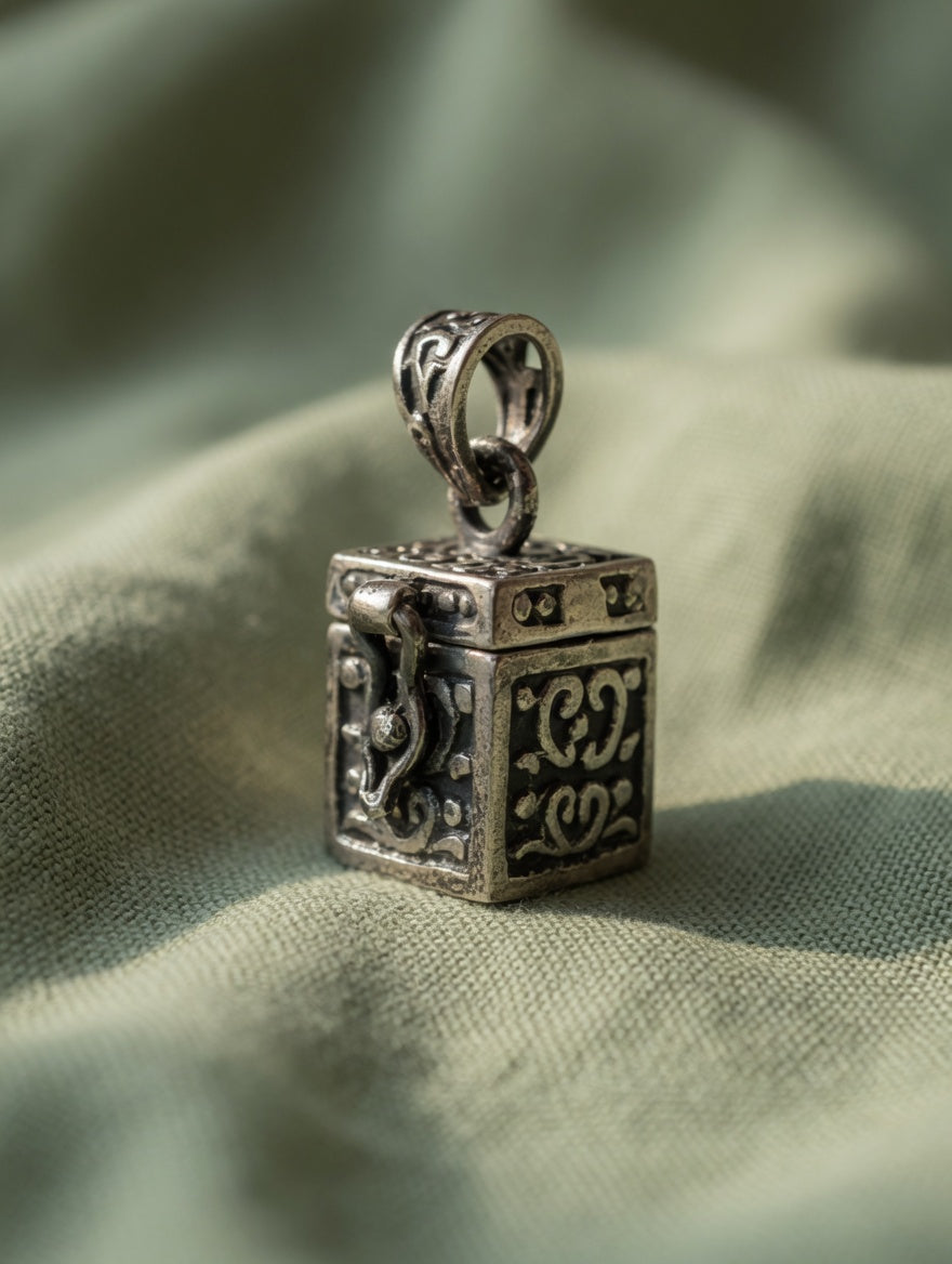 Vintage Etched Ornate Sterling Silver Prayer Box Pendant That Opens & Closes