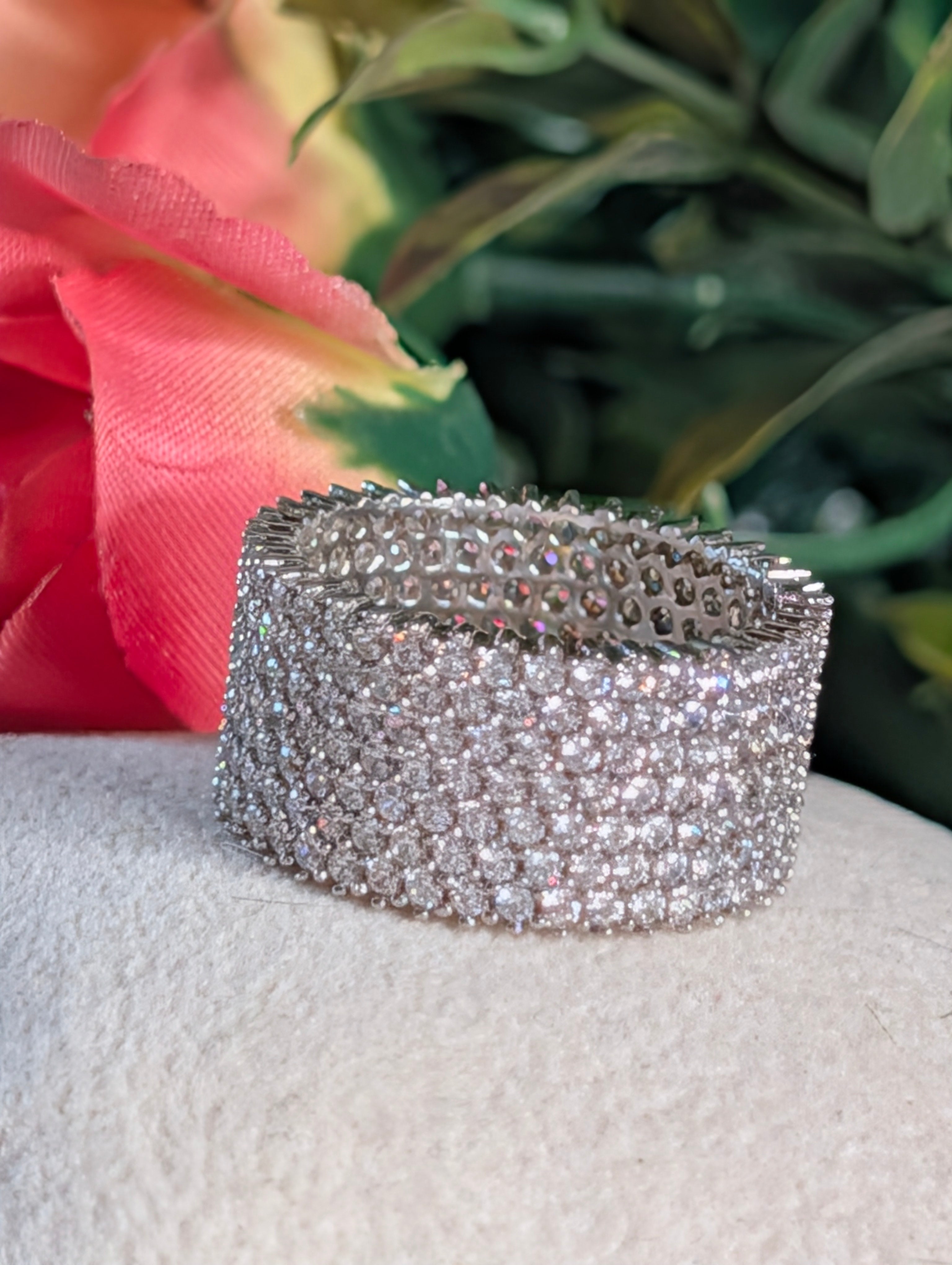 Sterling Silver CZ Fully Paved Shimmering Stone Inlay Wide Band Ring Size 8.5
