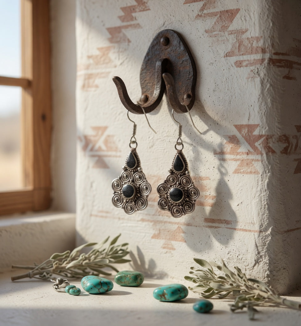 Black Onyx Two-Stone Filigree Dangle Earrings