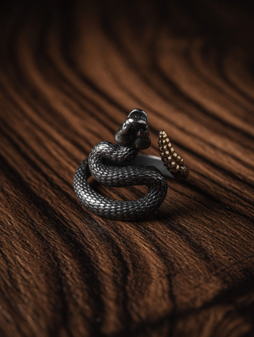 Oxidized Sterling Silver 18k Gold Coiled Rattlesnake Ring