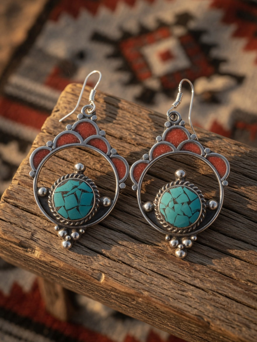 Vintage Coral & Turquoise Intricate Etched Silver Round Dangle Earrings