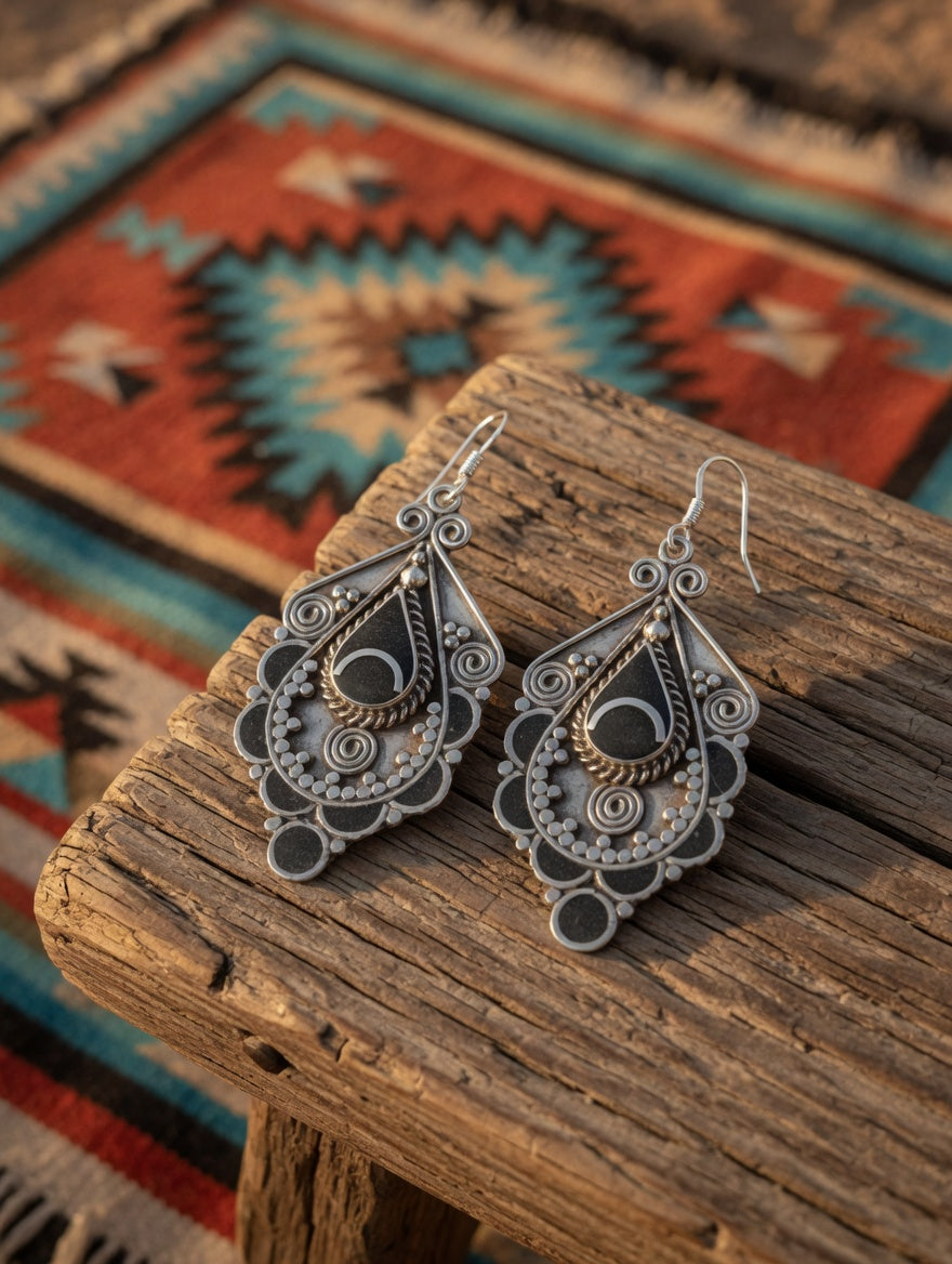 Vintage Black Onyx & Silver Intricate Southwestern Dangle Earrings
