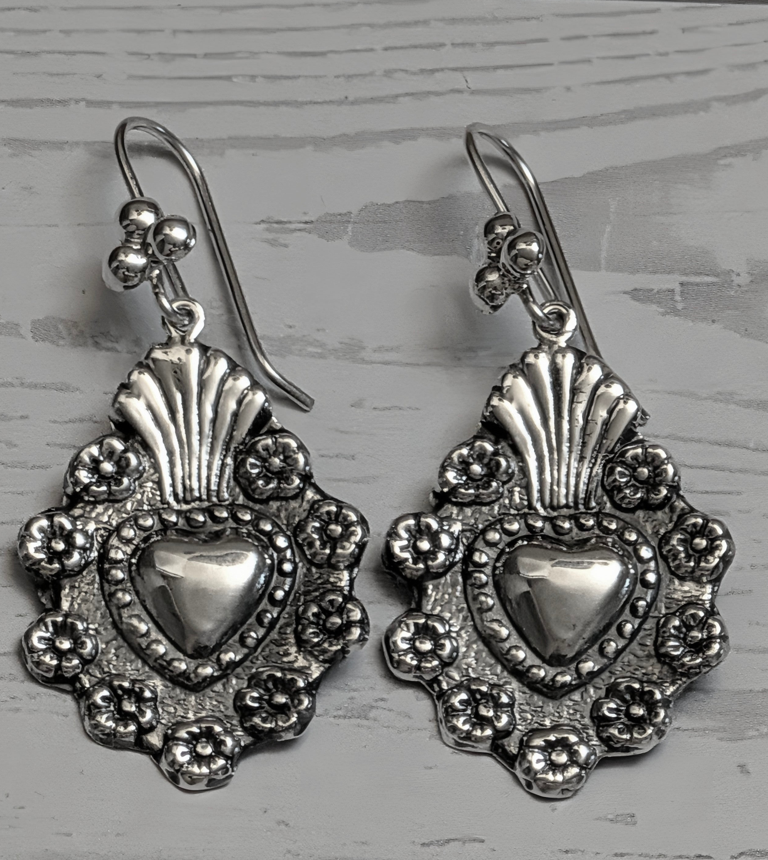 Sterling Silver Sacred Heart & Flower Hook Earrings