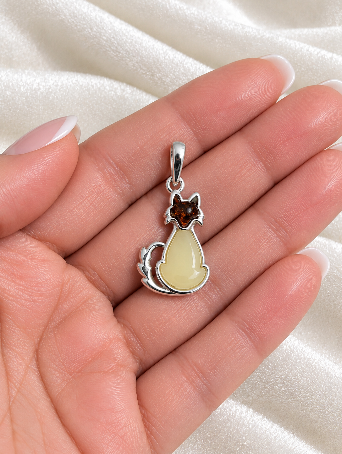 Handmade Fox with Pale Yellow Honey Cognac Cabochons & Sterling Silver Pendant