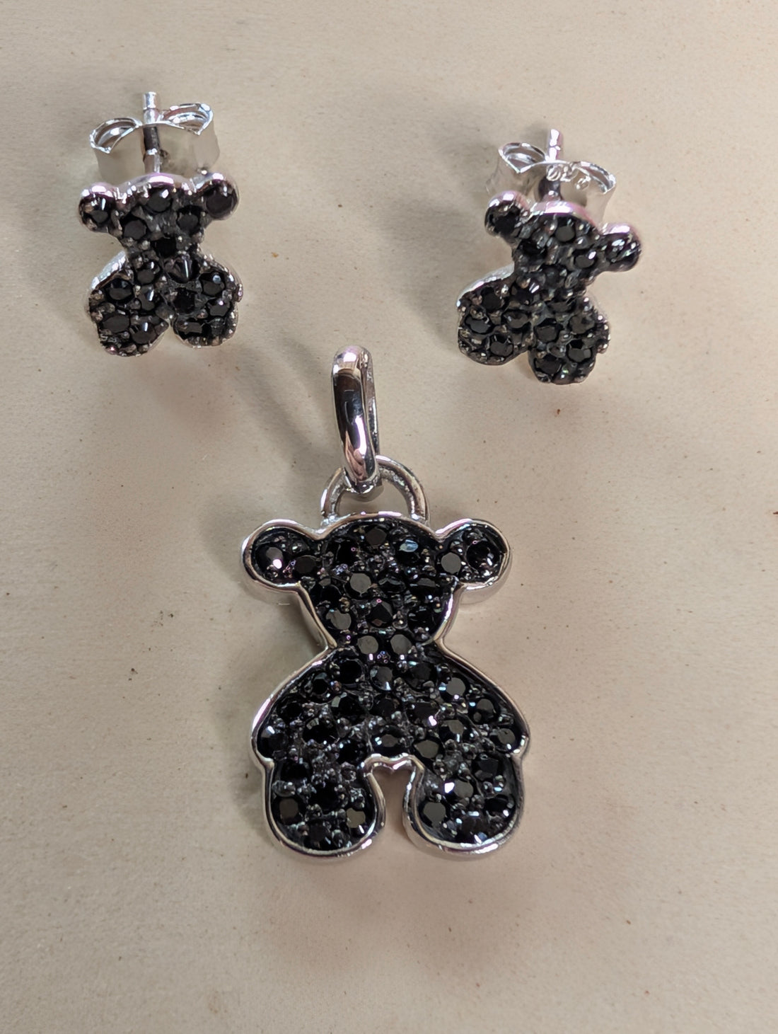 Sterling Silver Black CZ Bear Shaped Earrings & Pendant Jewelry Set