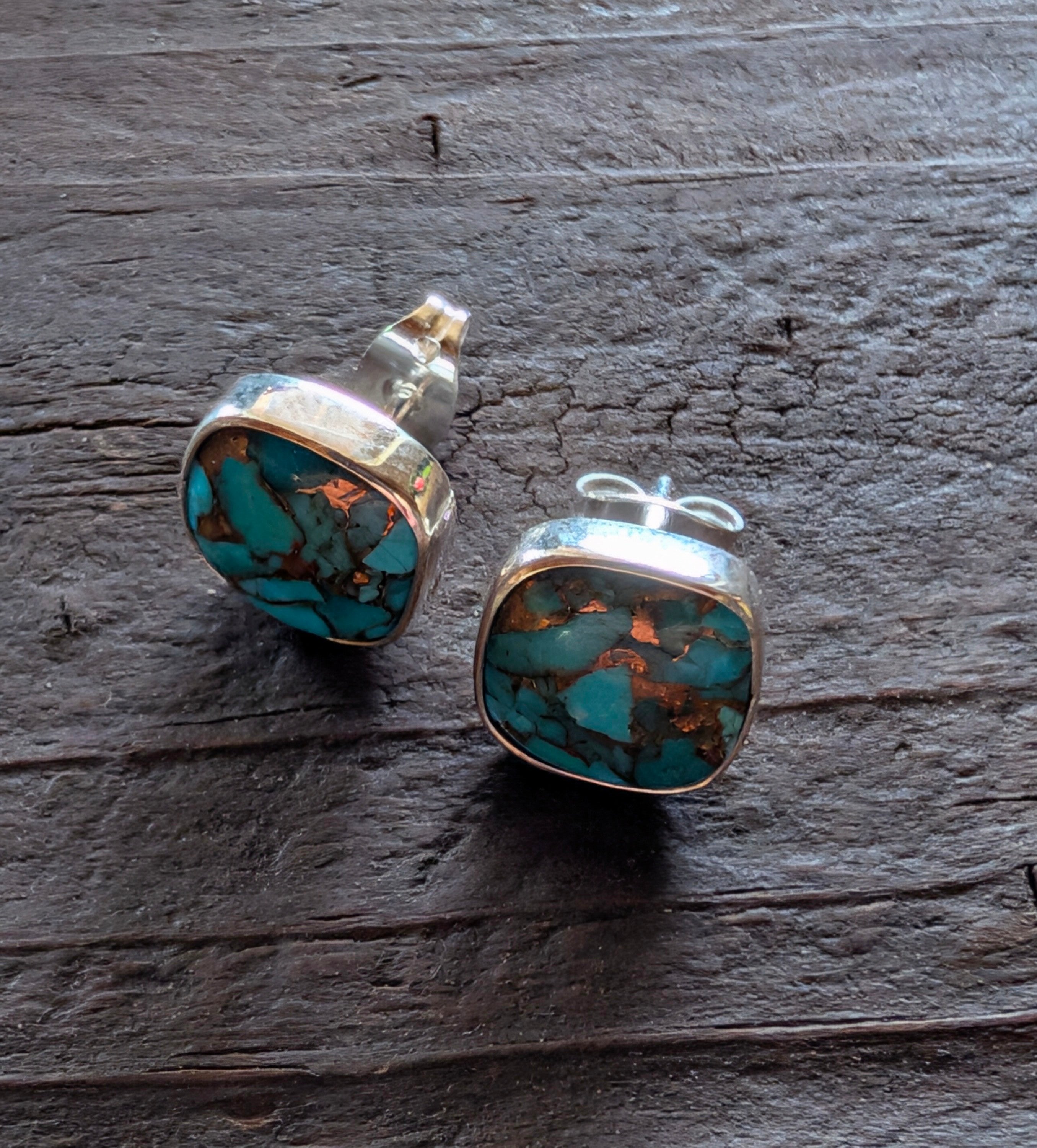 Turquoise Spotted Copper Square Sterling Silver Stud Earrings