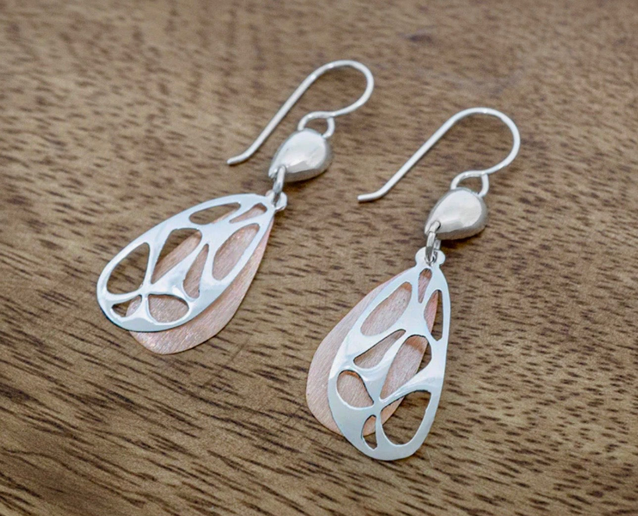 Sterling Silver & Copper Brushed Over Butterfly Wing Earrings