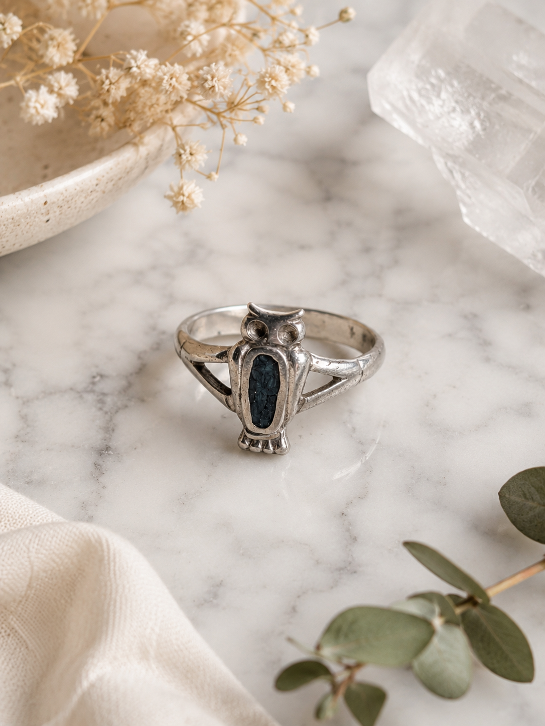 Sterling Silver Blue Howlite Onyx Owl Ring With Blue Accents Size 3.5
