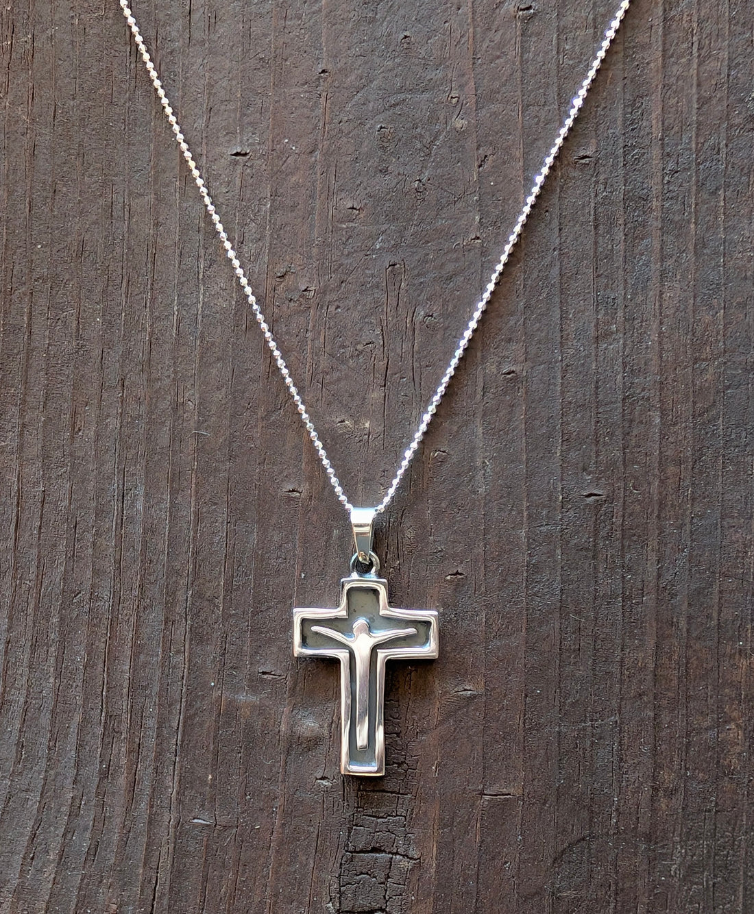 Sterling Silver Christian Crucifix Cross Oxidized Silhouette Pendant Necklace