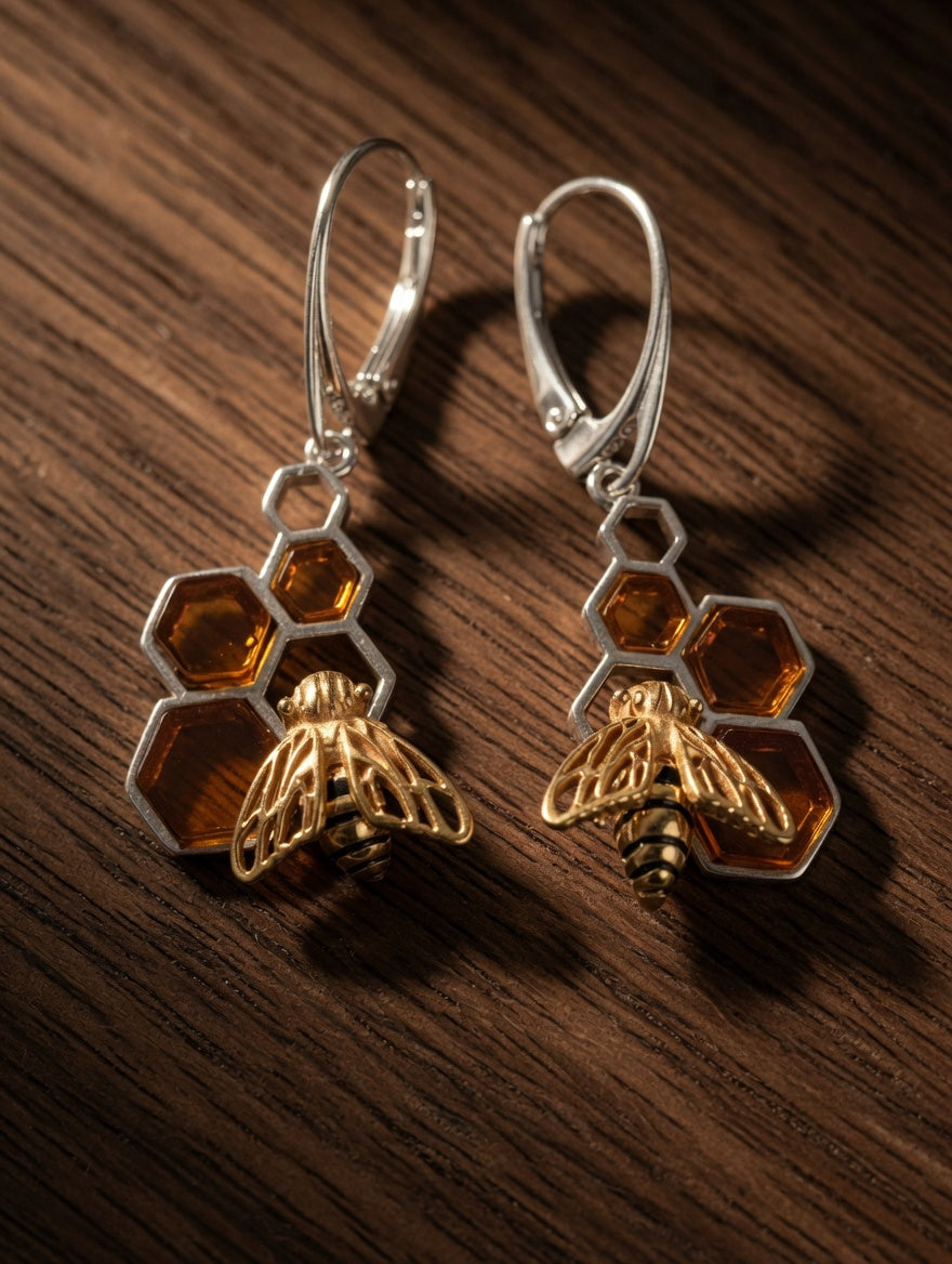 Amber Handmade Sterling Silver With Golden Bumblebee On Honeycomb Leverback Earrings