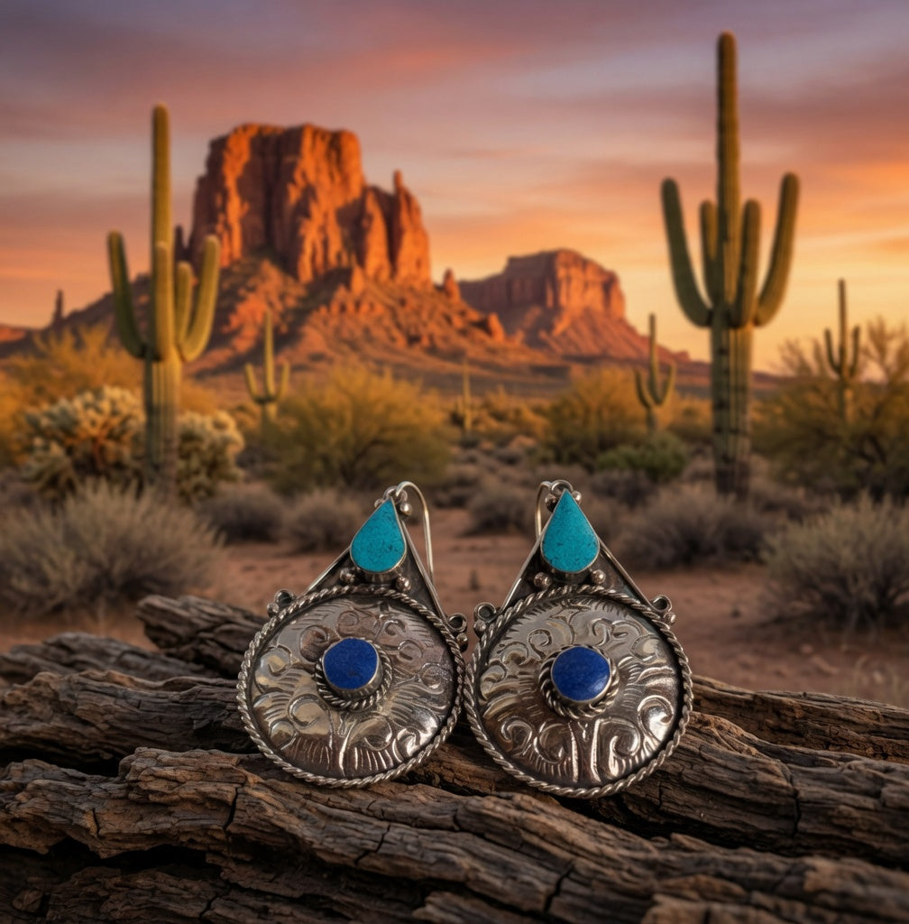 Turquoise & Lapis Enamel Boho Drop Earrings