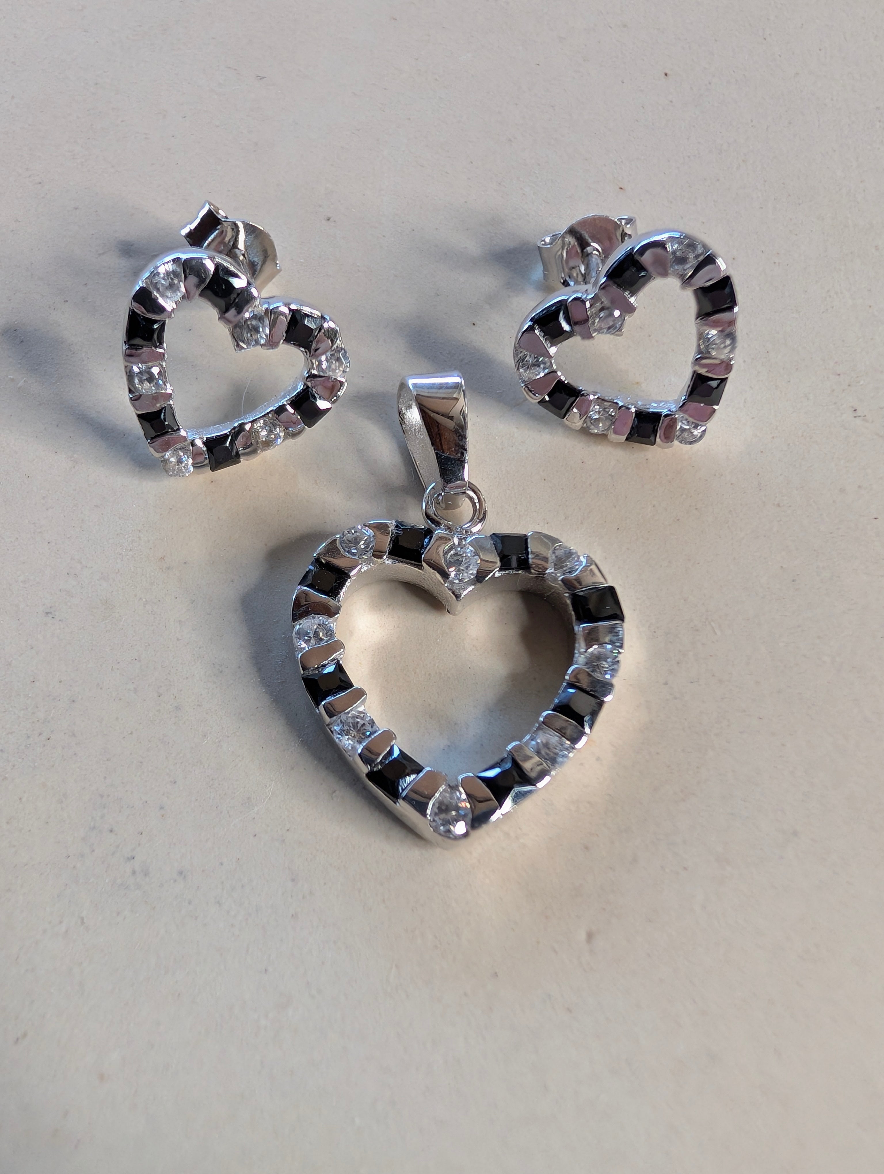 Sterling Silver Black CZ Striped Heart Earrings & Pendant Jewelry Set