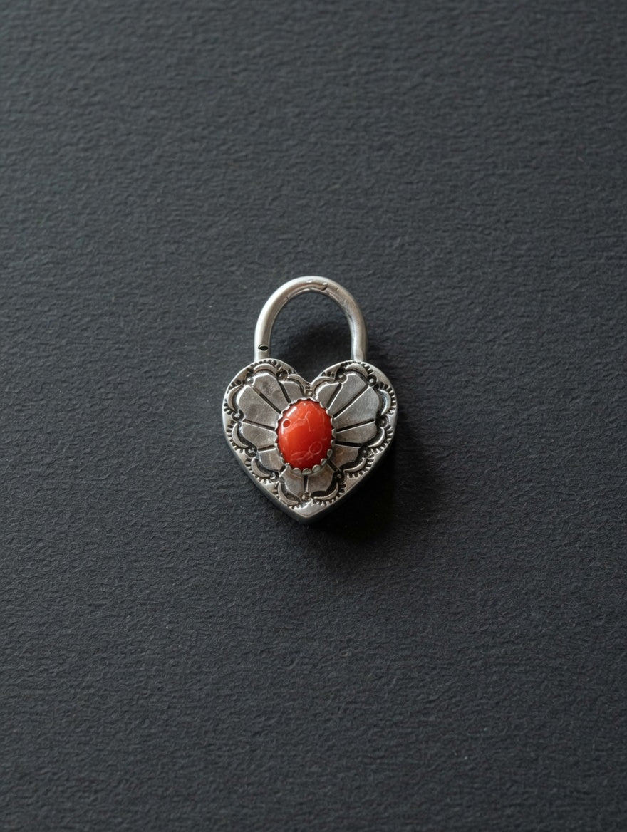 Sterling Silver Padlock Pendant with Coral Stone