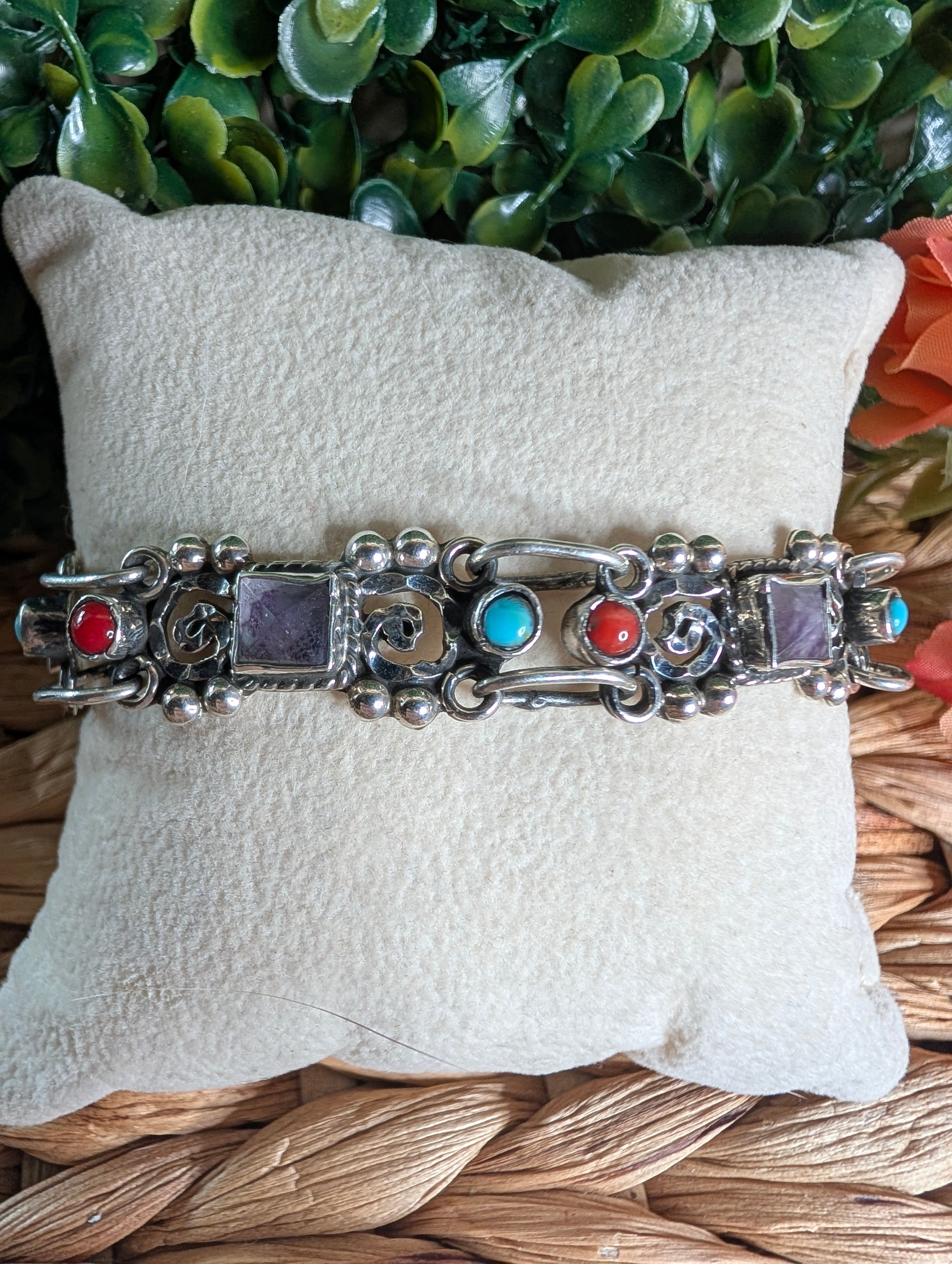 Turquoise, Amethyst, and Coral Intricate Sterling Silver Bracelet
