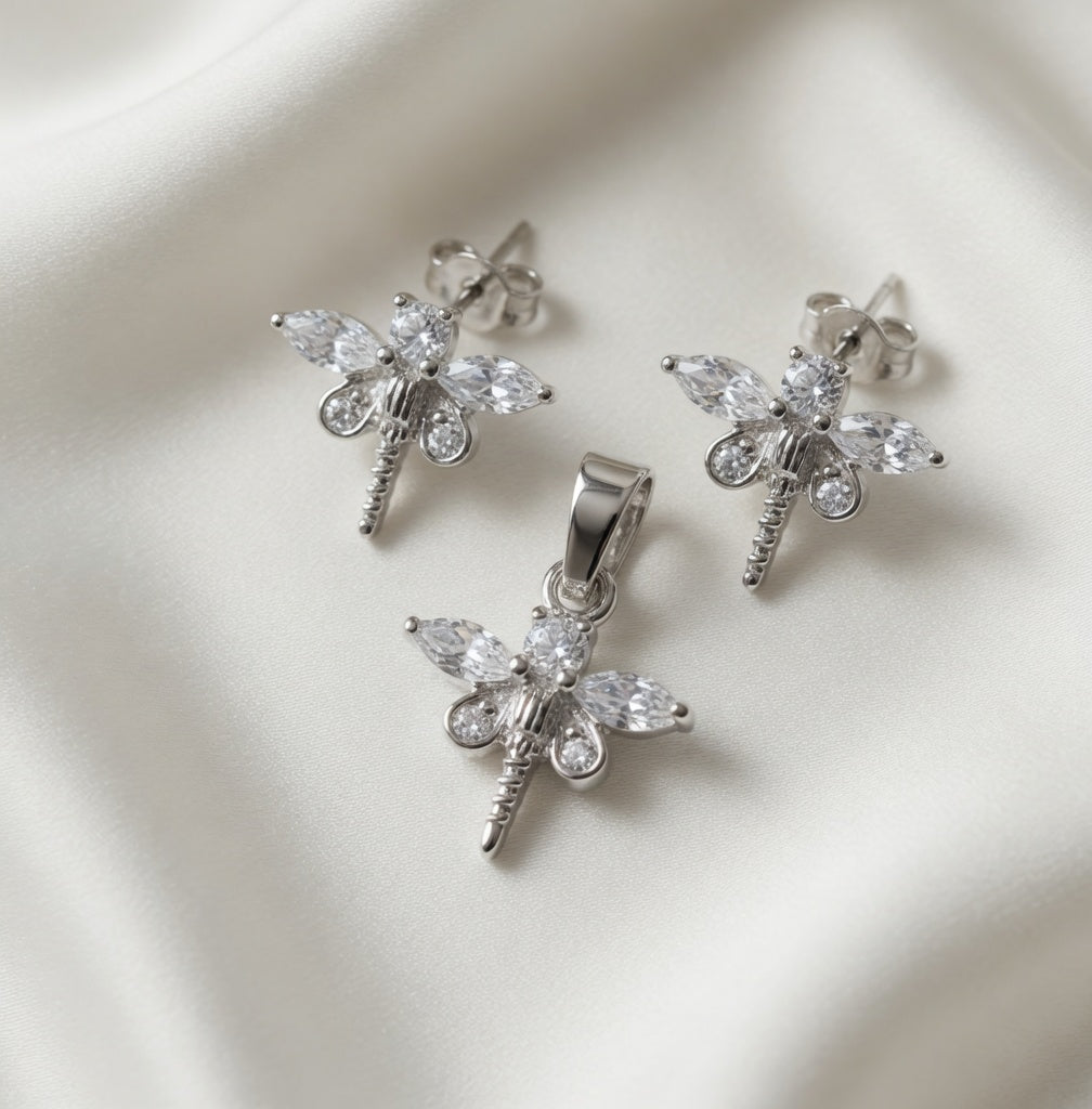 Sterling Silver CZ DragonFly Earrings & Pendant Jewelry Set