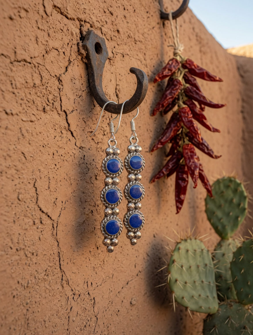 Vintage Southwestern Blue Lapis & Silver Three Stone Dangle Earrings